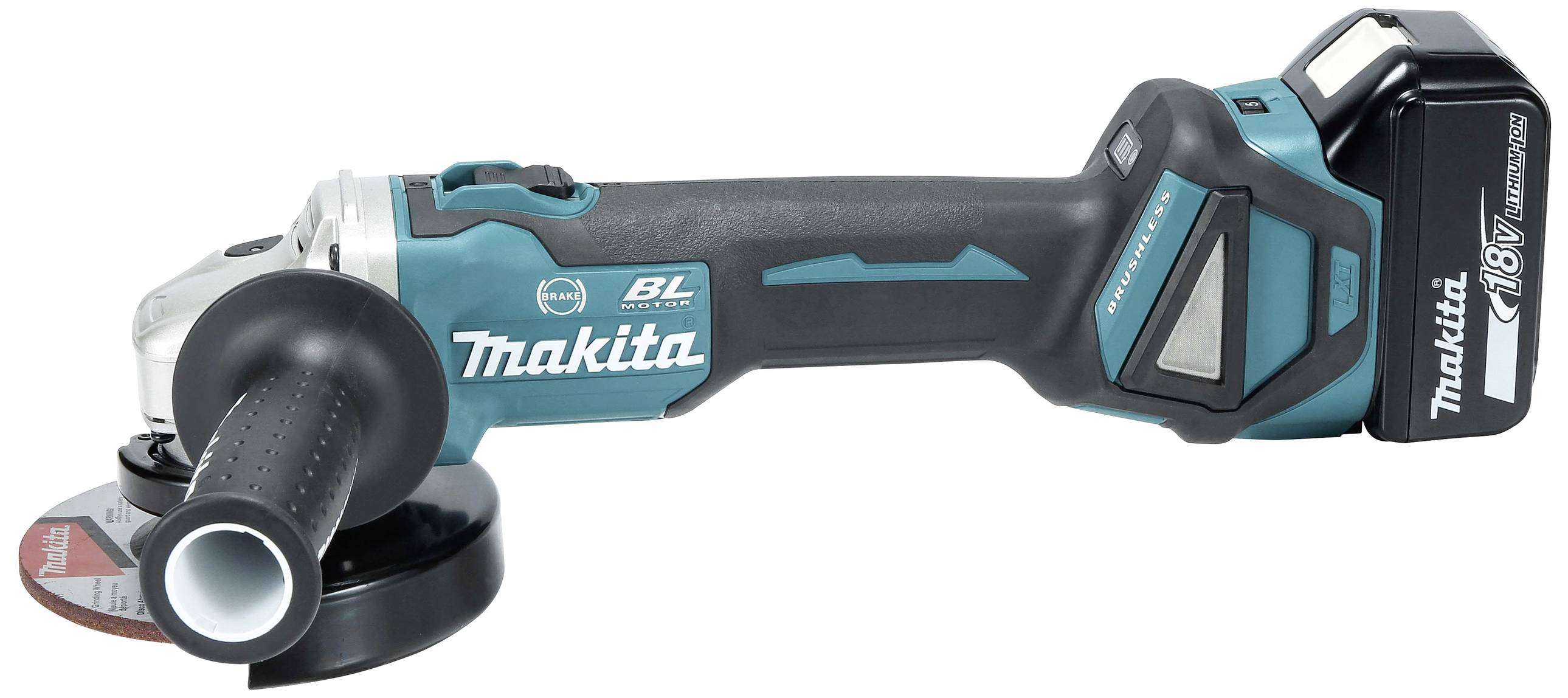 Bezdrátová úhlová bruska v modro-černém provedení s logem Makita, ergonomickou rukojetí a odnímatelným krytem.