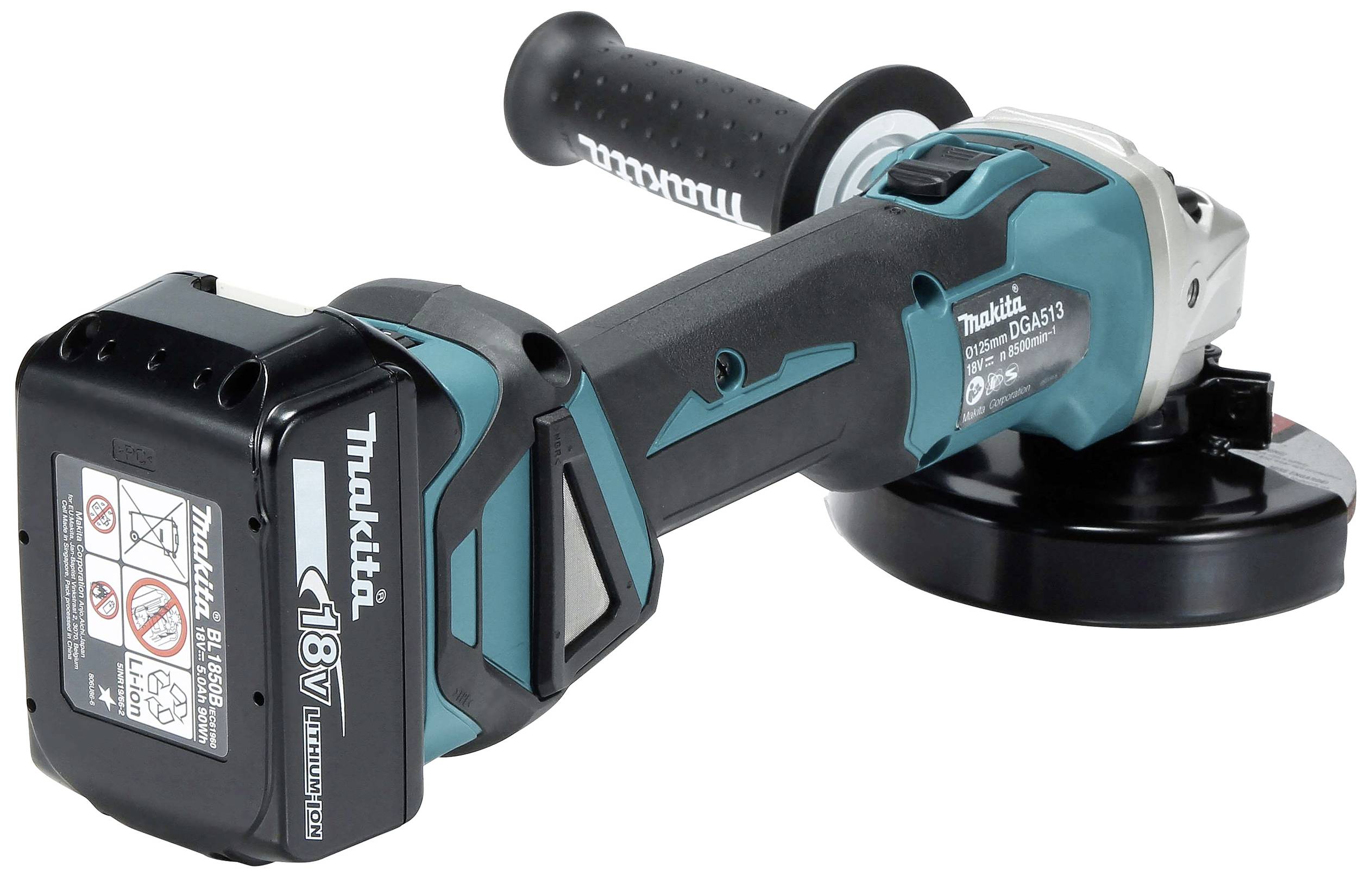 Akumulátorová úhlová bruska s ergonomickou rukojetí a lithium-iontovou baterií 18V, vhodná pro broušení a řezání.