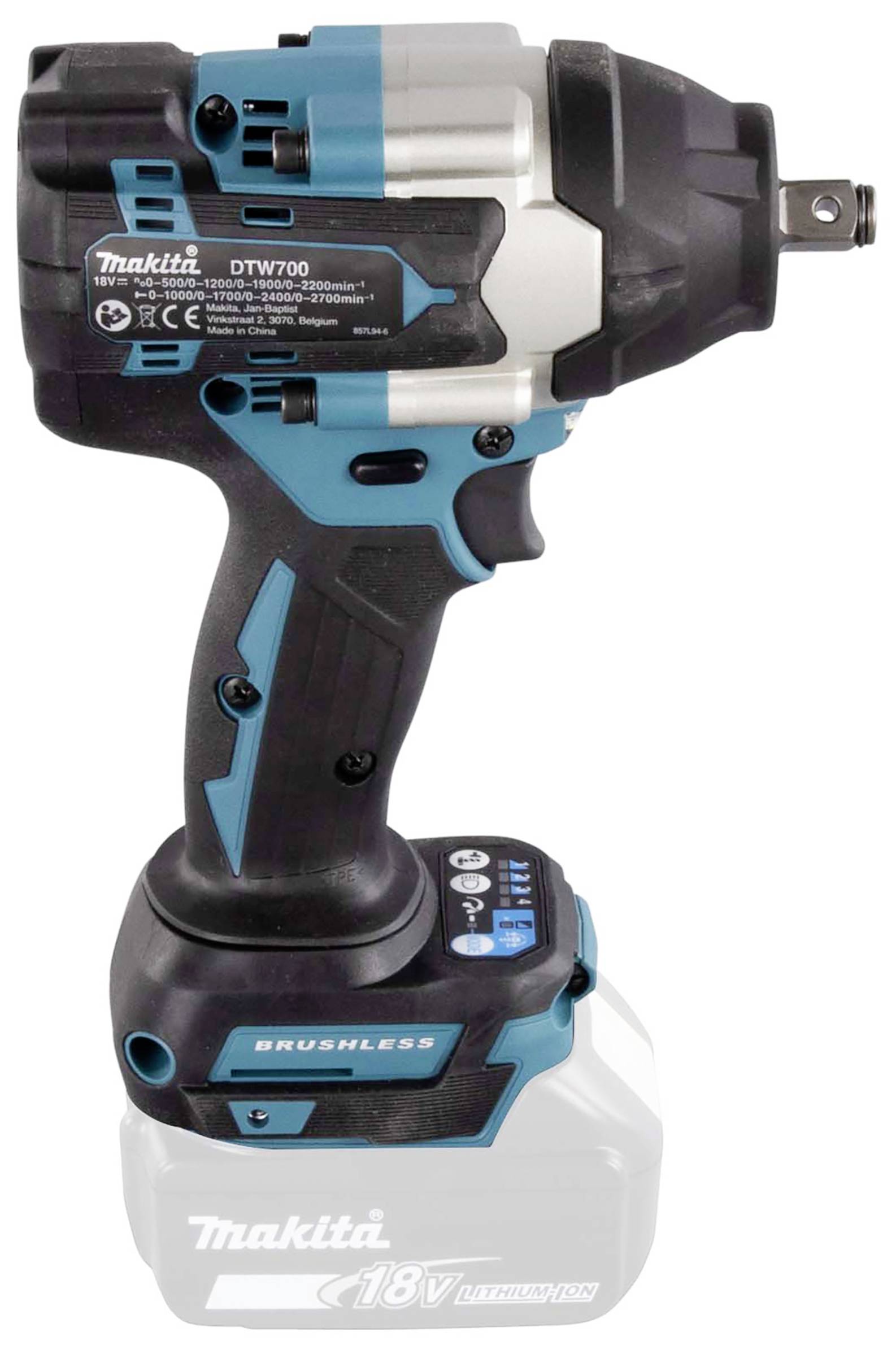 Rázový akumulátorový utahovák s modro-černým designem, model 'Makita DTW700', vhodný pro šroubovací práce.