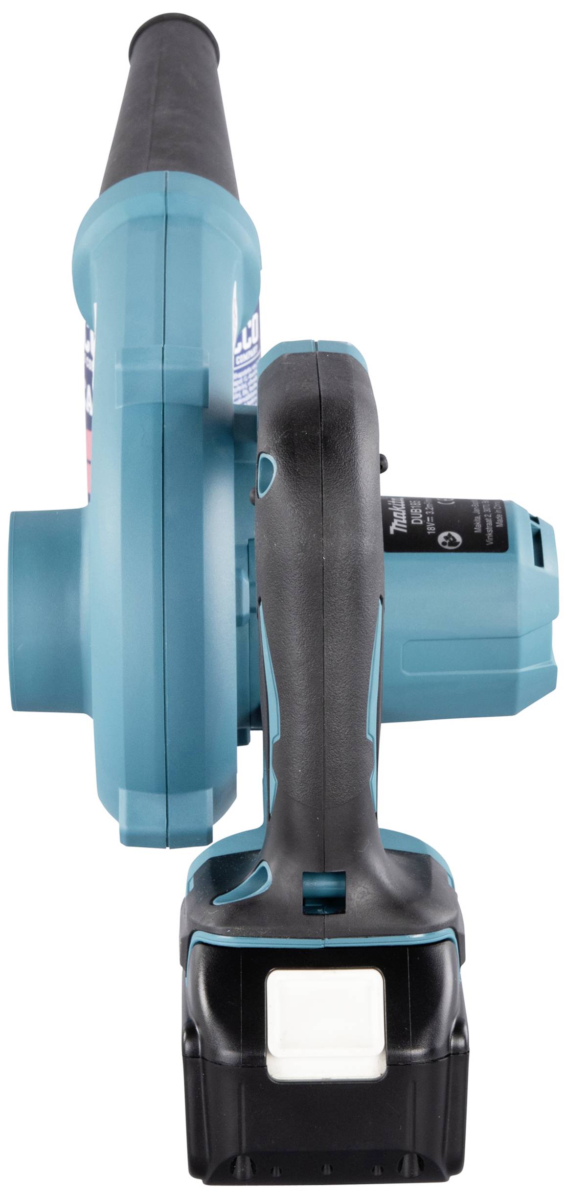 Bezdrátový, modrý ruční foukač s ergonomickou rukojetí a prostorem pro akumulátor. Vhodný pro čištění menších venkovních prostor.