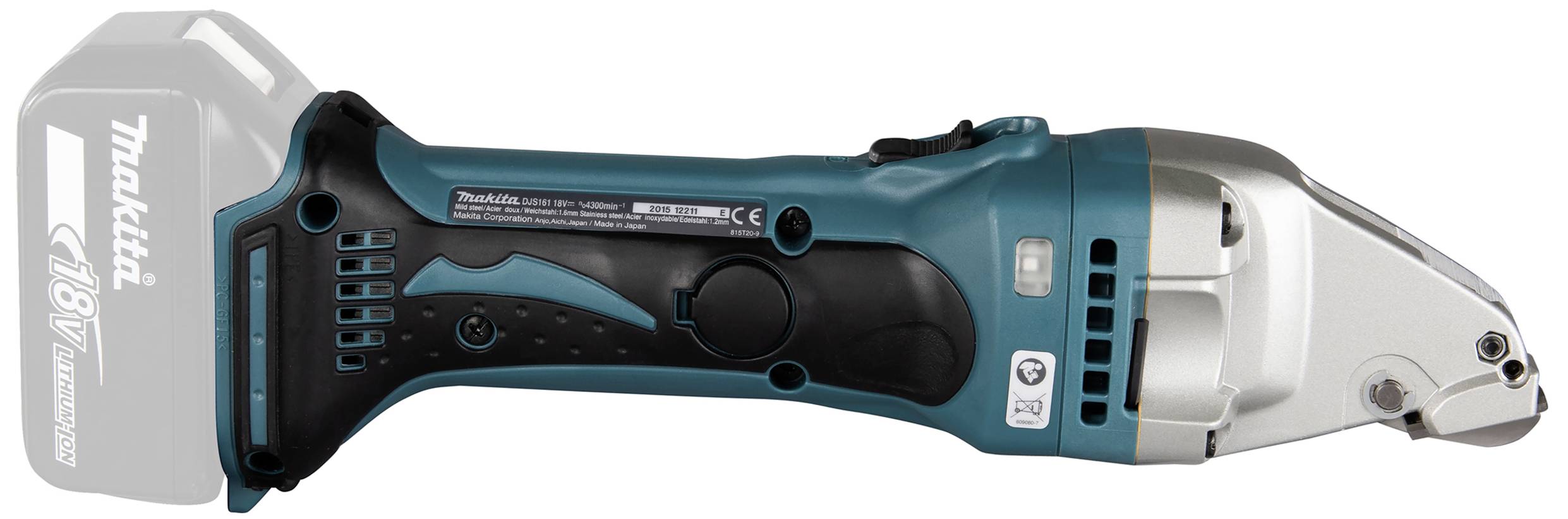 Akumulátorové nůžky s ergonomickou rukojetí a stříbrným řezacím mechanismem, značka Makita, 18V baterie. Ideální pro přesné řezání.