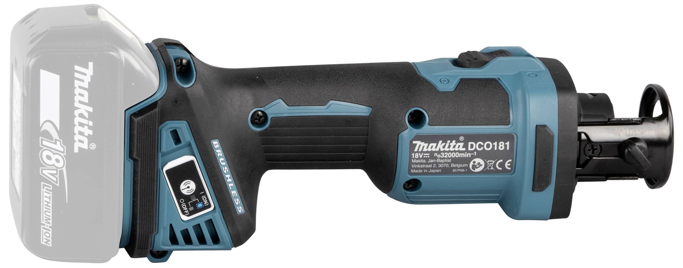 Bezdrátový nástroj Makita 18V, modro-černé barvy, s ergonomickou rukojetí a prostorem pro akumulátor, vhodný pro přesné řezací práce.