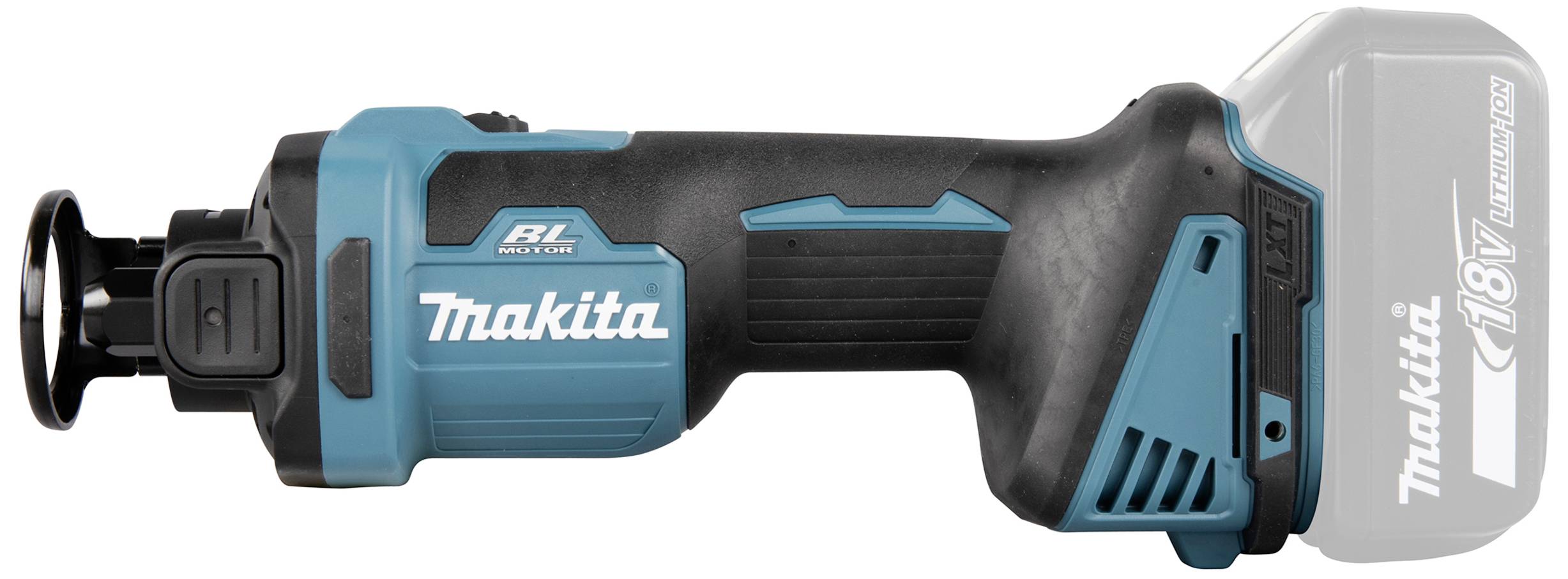 Aku šroubovák v modré a černé barvě s ergonomickou rukojetí a nápisem 'Makita'. Akumulátor není namontován, viditelná je hlava nástroje.