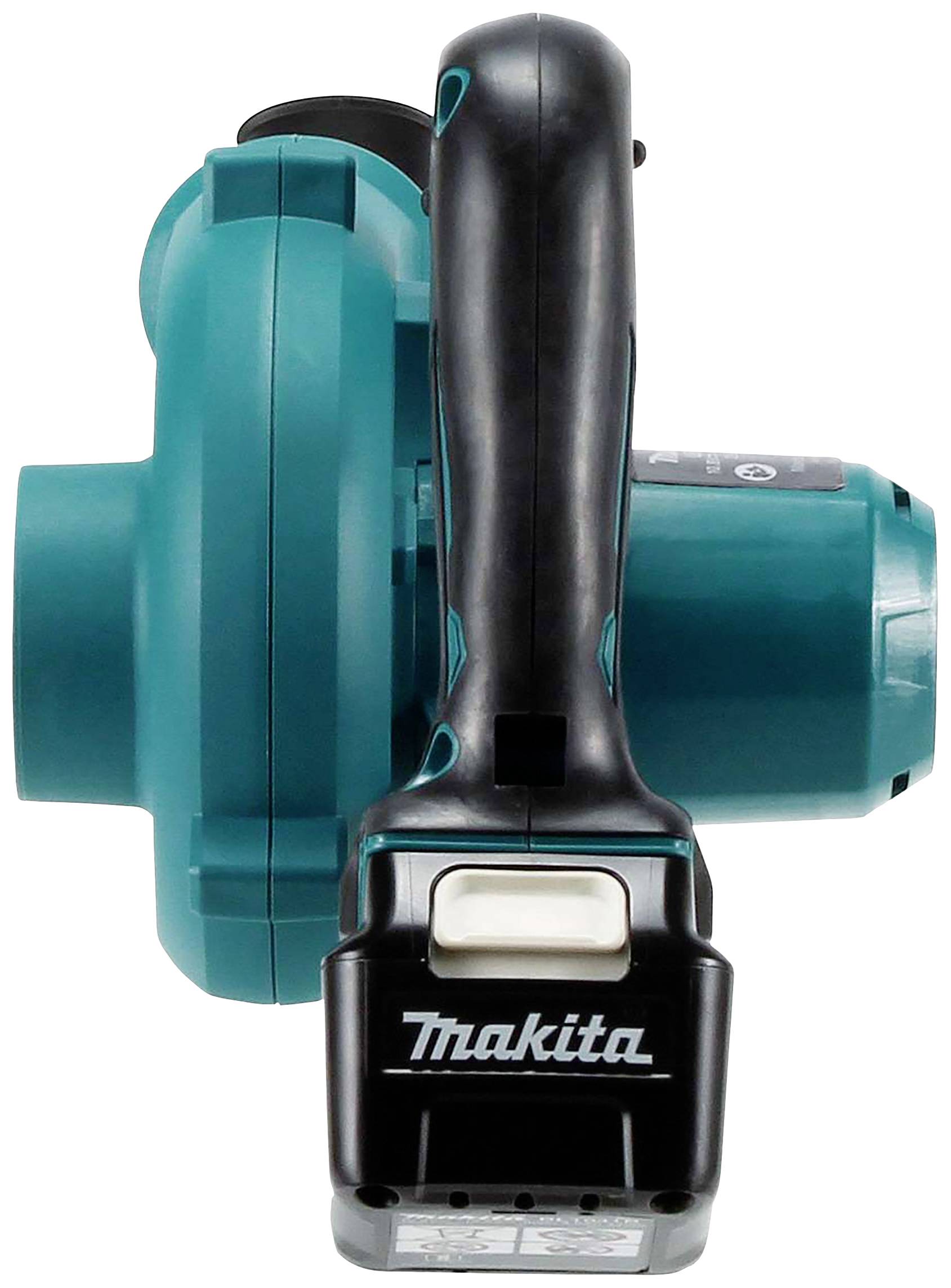Bezdrátové dmychadlo v modro-černém provedení s ergonomickou rukojetí. Bateriová jednotka je umístěna dole.
