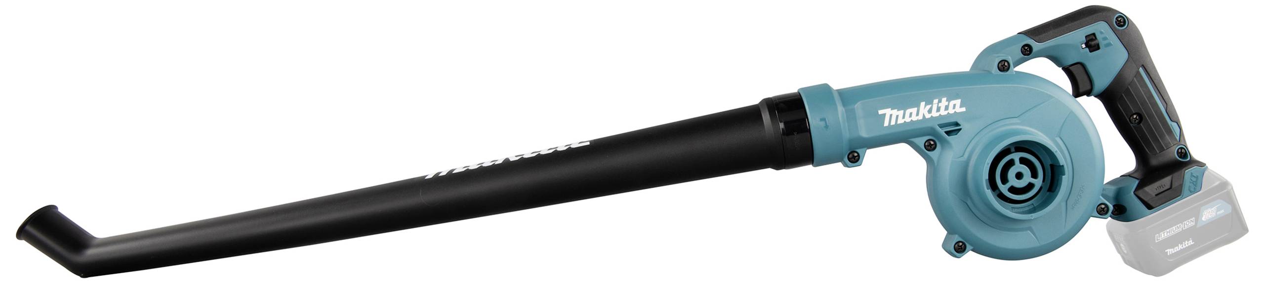 Bezdrátový modrý fukar od značky Makita s dlouhou černou trubicí a ergonomickou rukojetí, vhodný pro zahradnické práce.
