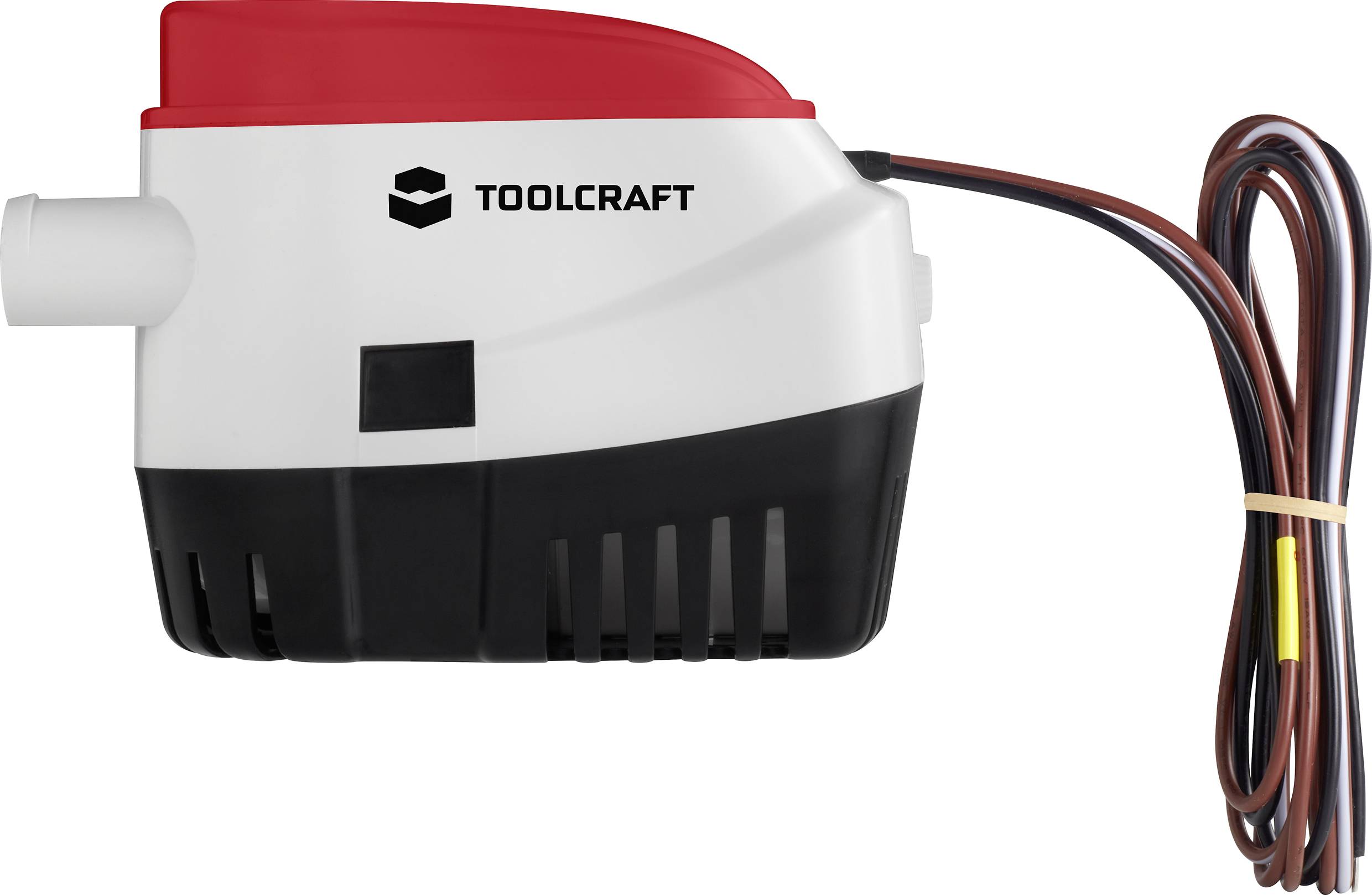 Bílá a červená vodní pumpa od Toolcraft s černou základnou a hnědým kabelem na pravé straně.