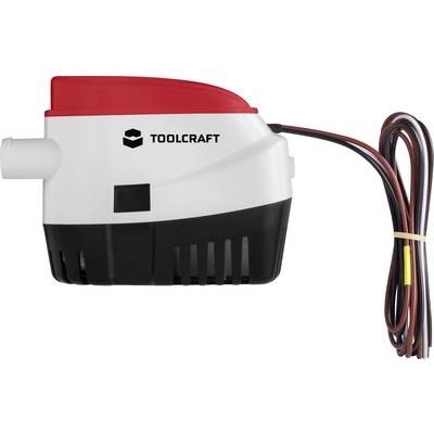 Bílá a červená vodní pumpa od Toolcraft s černou základnou a hnědým kabelem na pravé straně.
