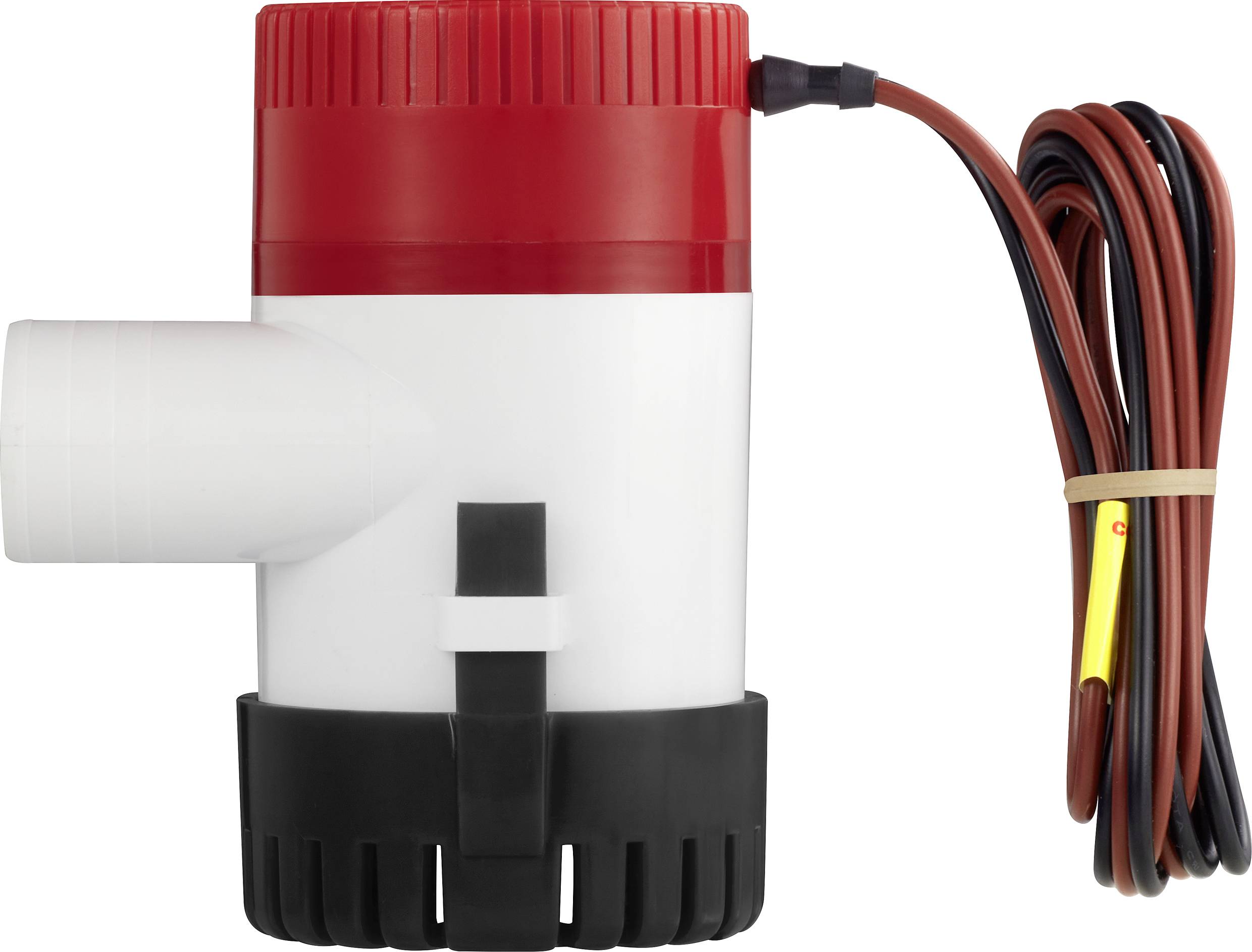 Obrázek malé elektrické vodní pumpy s červeným horním krytem a černými kabely, vhodné pro použití v lodích.