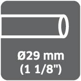 'Ø29 mm (1 1/8")' je zobrazen v obdélníkovém poli, které sousedí se vzorem přerušovaných čar.
