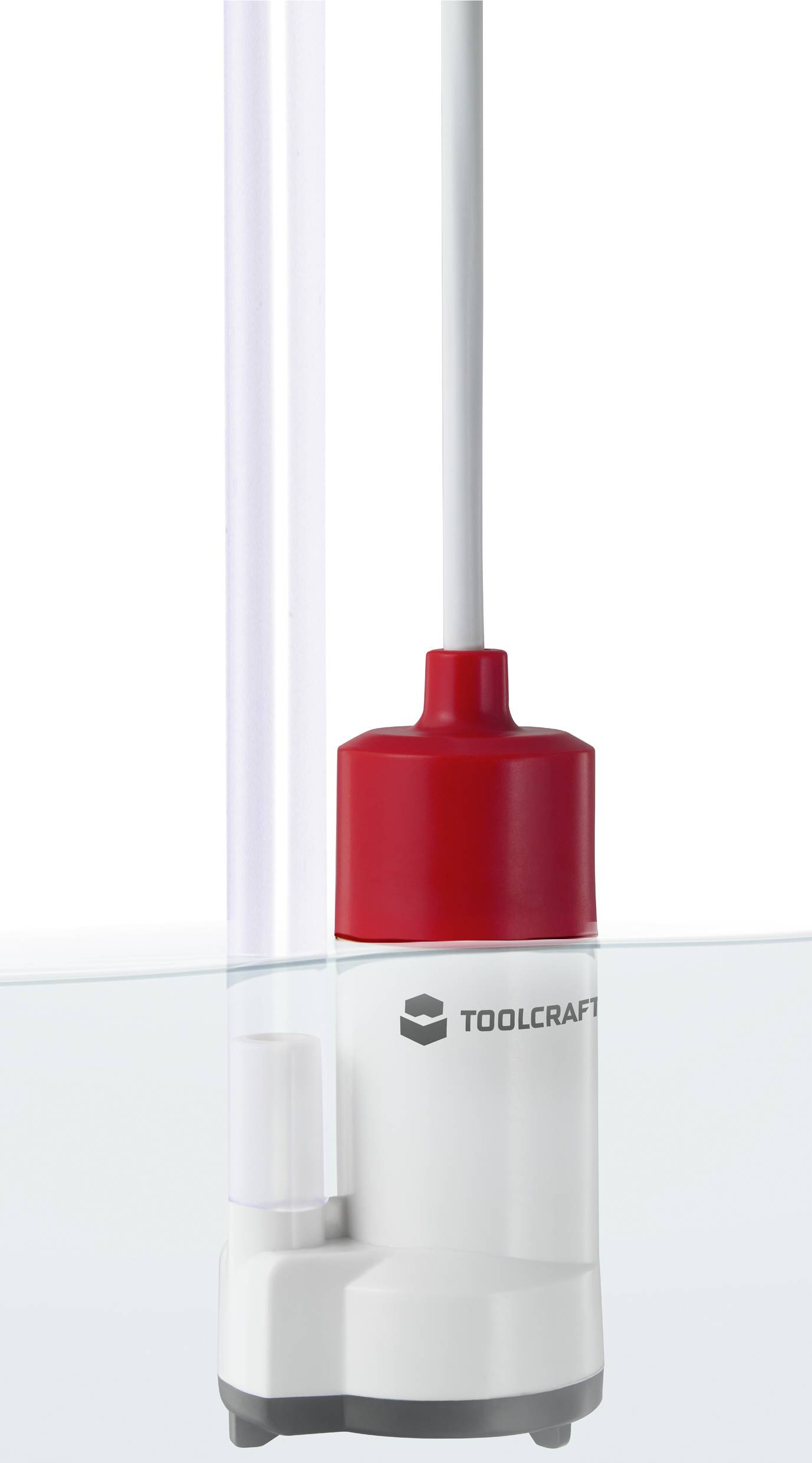 Vodní čerpadlo od TOOLCRAFT s červeným štíhlým tělem vyčnívajícím nad hladinou vody, s průhlednou hadicí, určené pro přepravu kapalin.