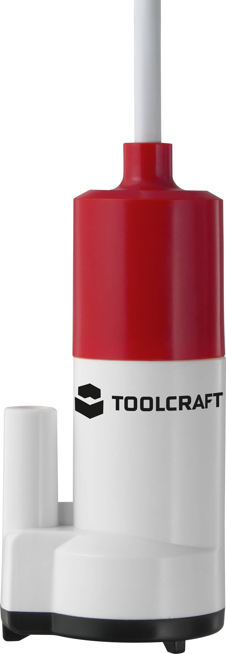 Ponorné vodní čerpadlo v červené a bílé barvě od společnosti Toolcraft s válcovitým tvarem a viditelným kabelem nahoře.