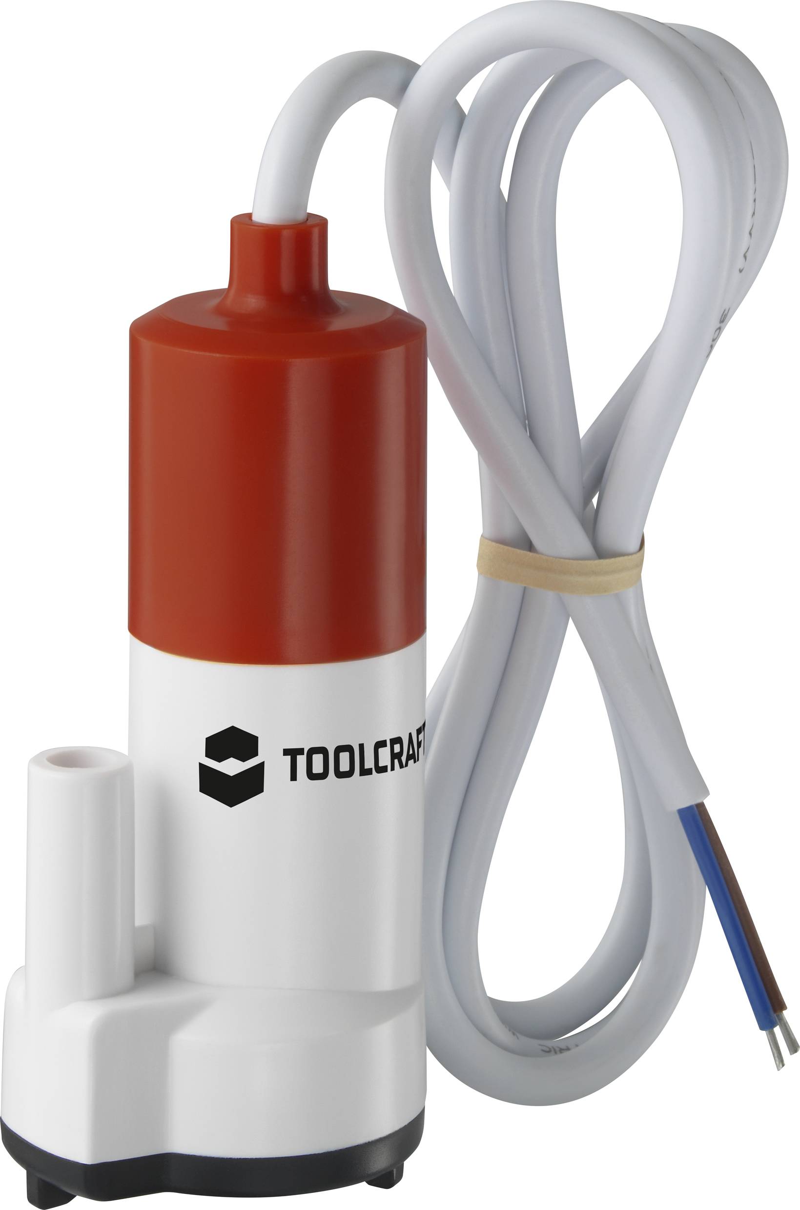 Bílá vodní pumpa s červenou hlavou a dlouhým, svazkovým kabelem. Značka Toolcraft.