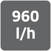 '960 l/h' černým písmem na šedém pozadí.