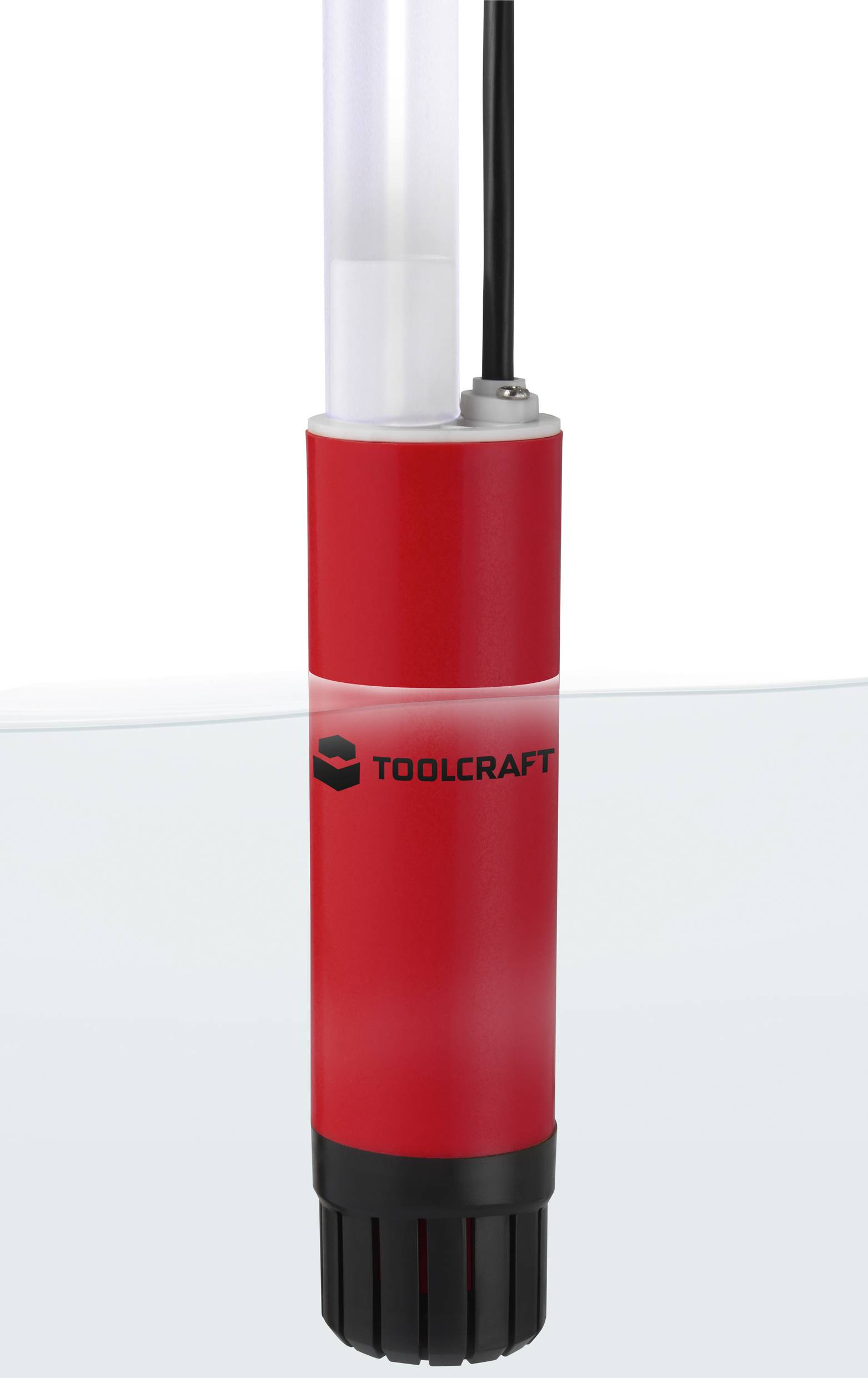 Rotační elektrická vodní pumpa společnosti Toolcraft ponořená ve vodě, zobrazující design produktu a jeho provozní prostředí.