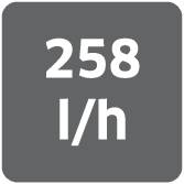 '258 l/h' černým písmem na šedém pozadí.