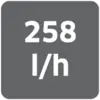 '258 l/h' černým písmem na šedém pozadí.
