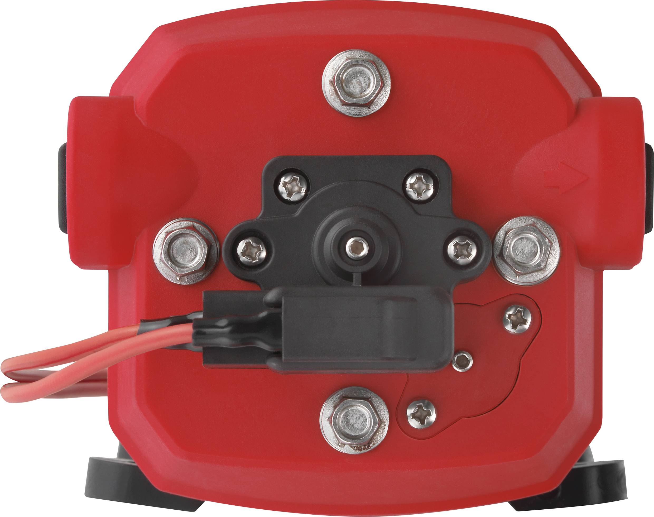 Červené mechanické zařízení s několika šrouby, červenými a černými vodiči na přední straně.