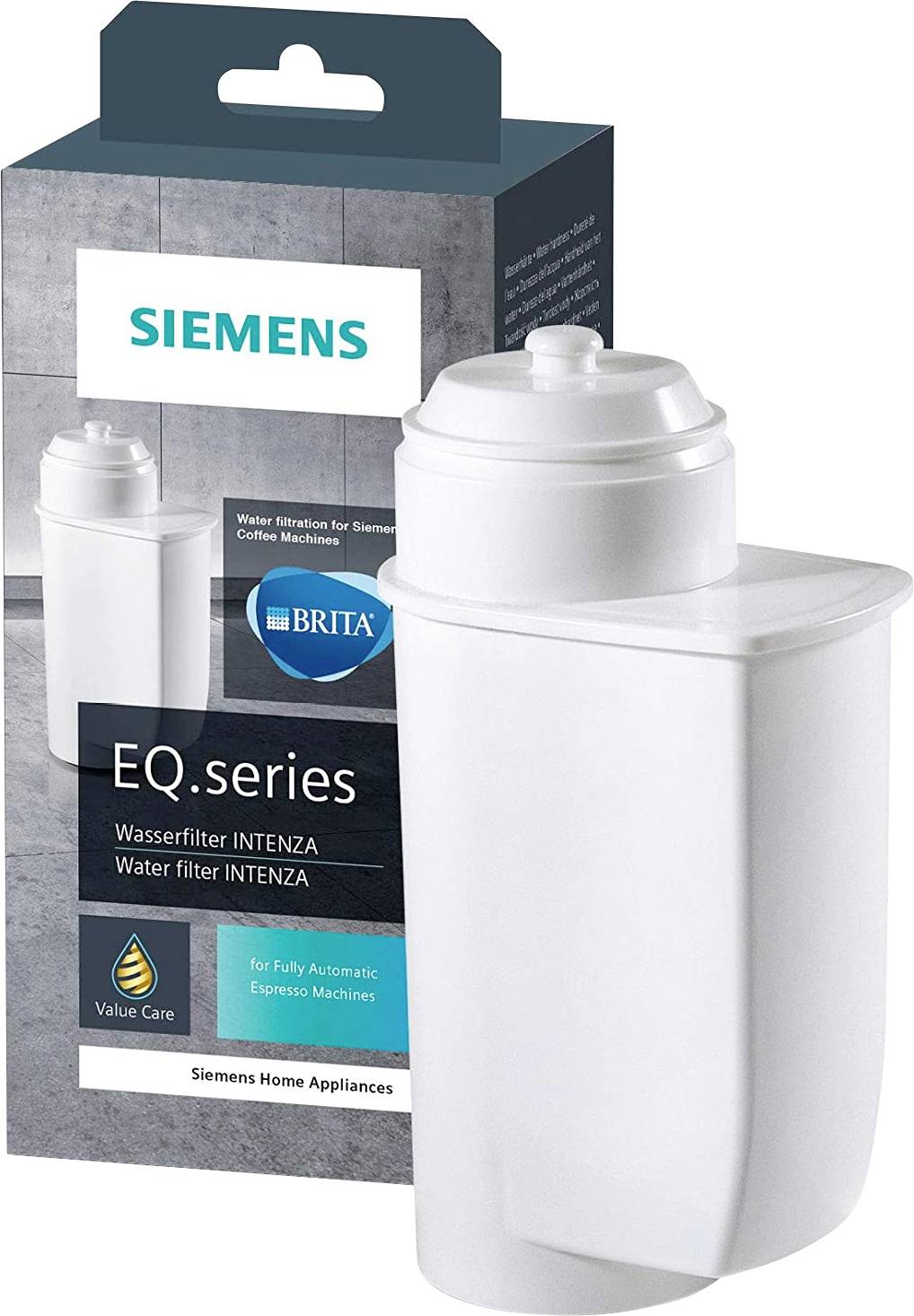 Filtr na vodu Siemens INTENZA pro kávovary, bílá kazeta. Balení s logem Siemens, nabízí 'Value Care'.