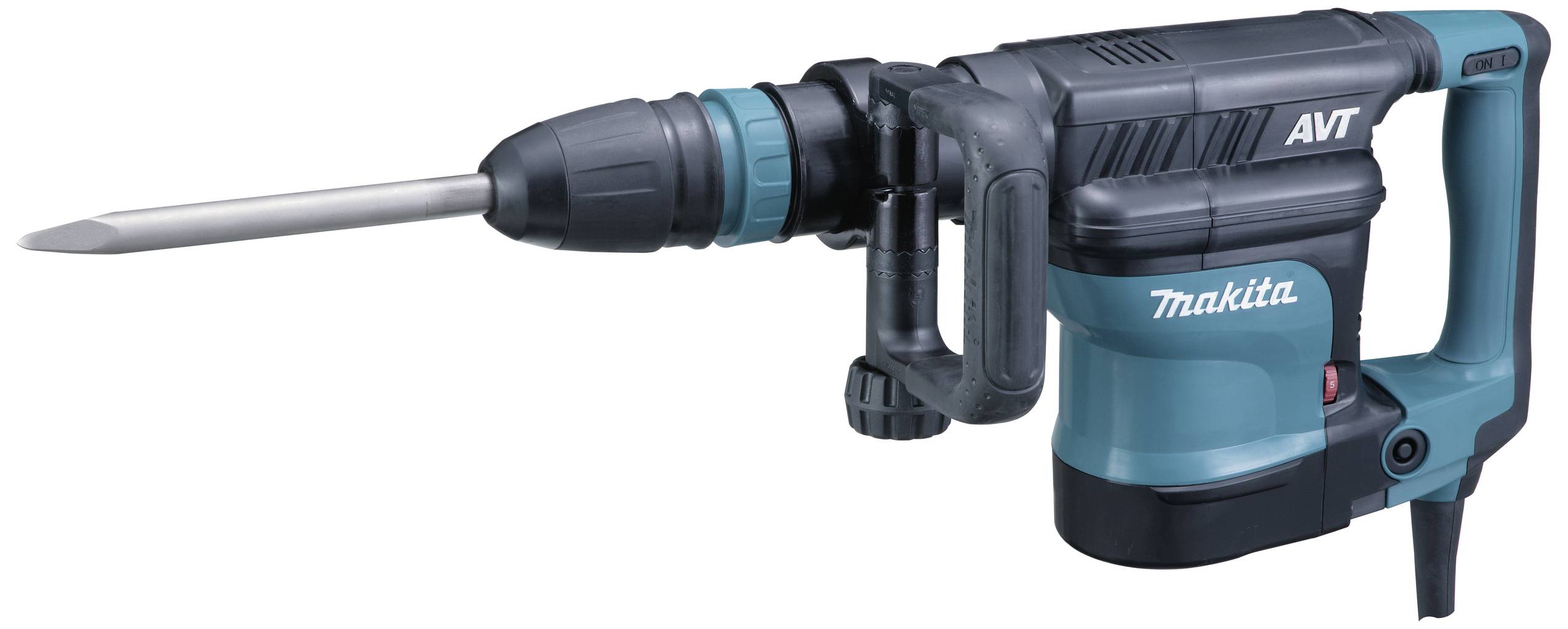 Elektrický bourací kladiv Makita v modro-černém provedení. Vhodný pro náročné demoliční práce. Ergonomický design s technologií tlumení nárazů.