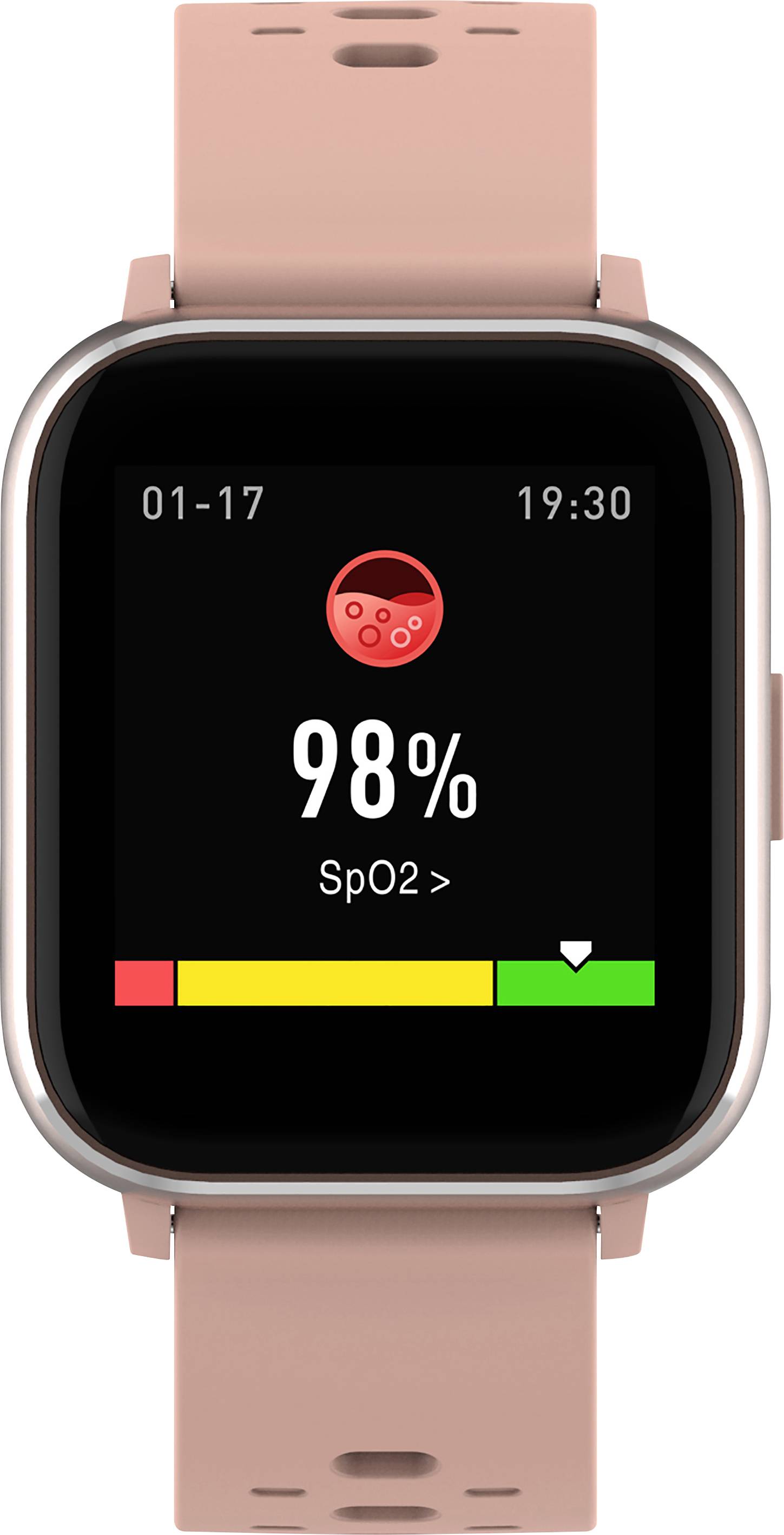 Chytré hodinky s růžovým řemínkem zobrazují na displeji '98% SpO2'. Vlevo nahoře datum '01-17', vpravo '19:30'. Viditelná ikona krevní kapky.