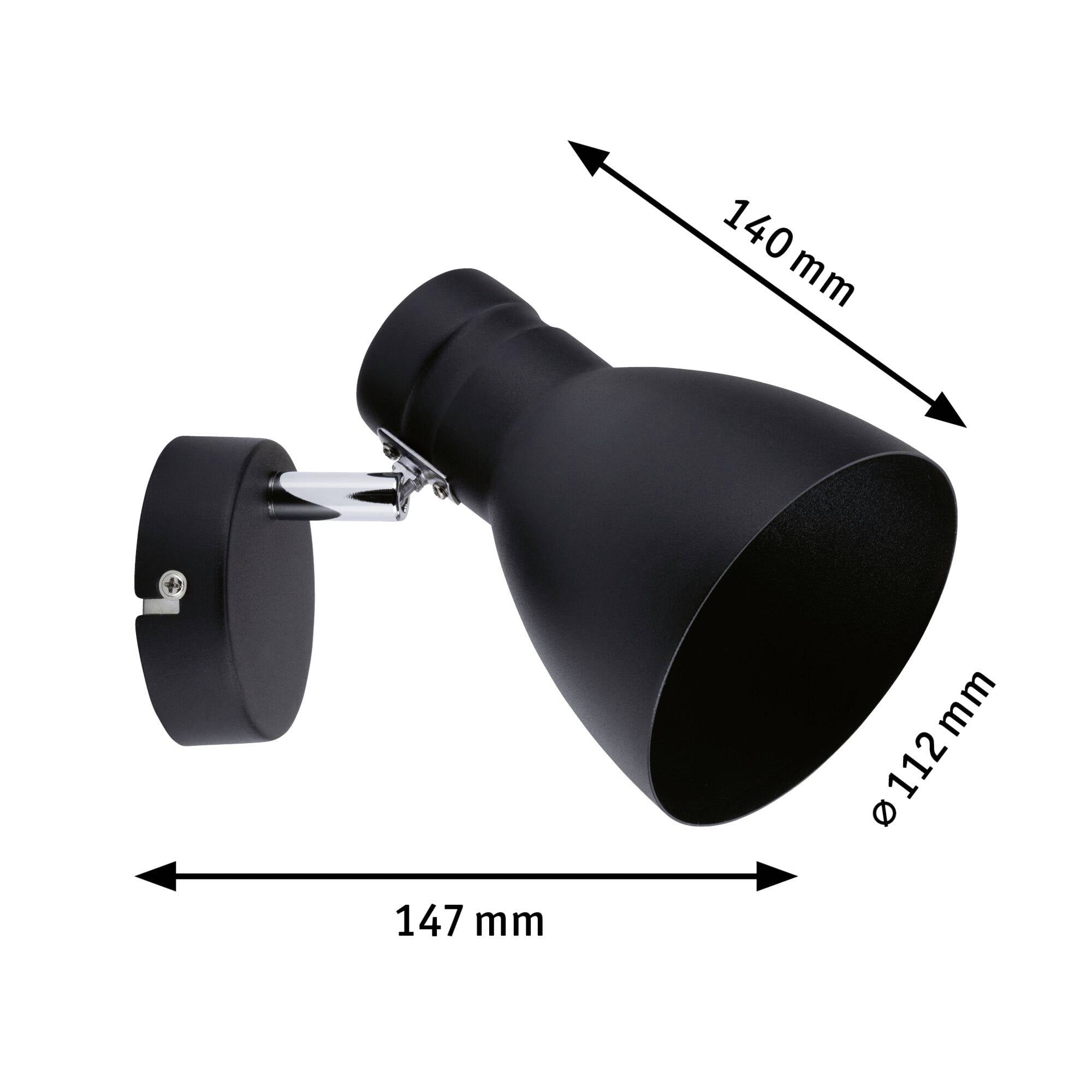 Černá nástěnná lampa s nastavitelnou hlavou. Rozměry: délka 140 mm, průměr 112 mm, šířka 147 mm. Vhodná pro vnitřní prostory.
