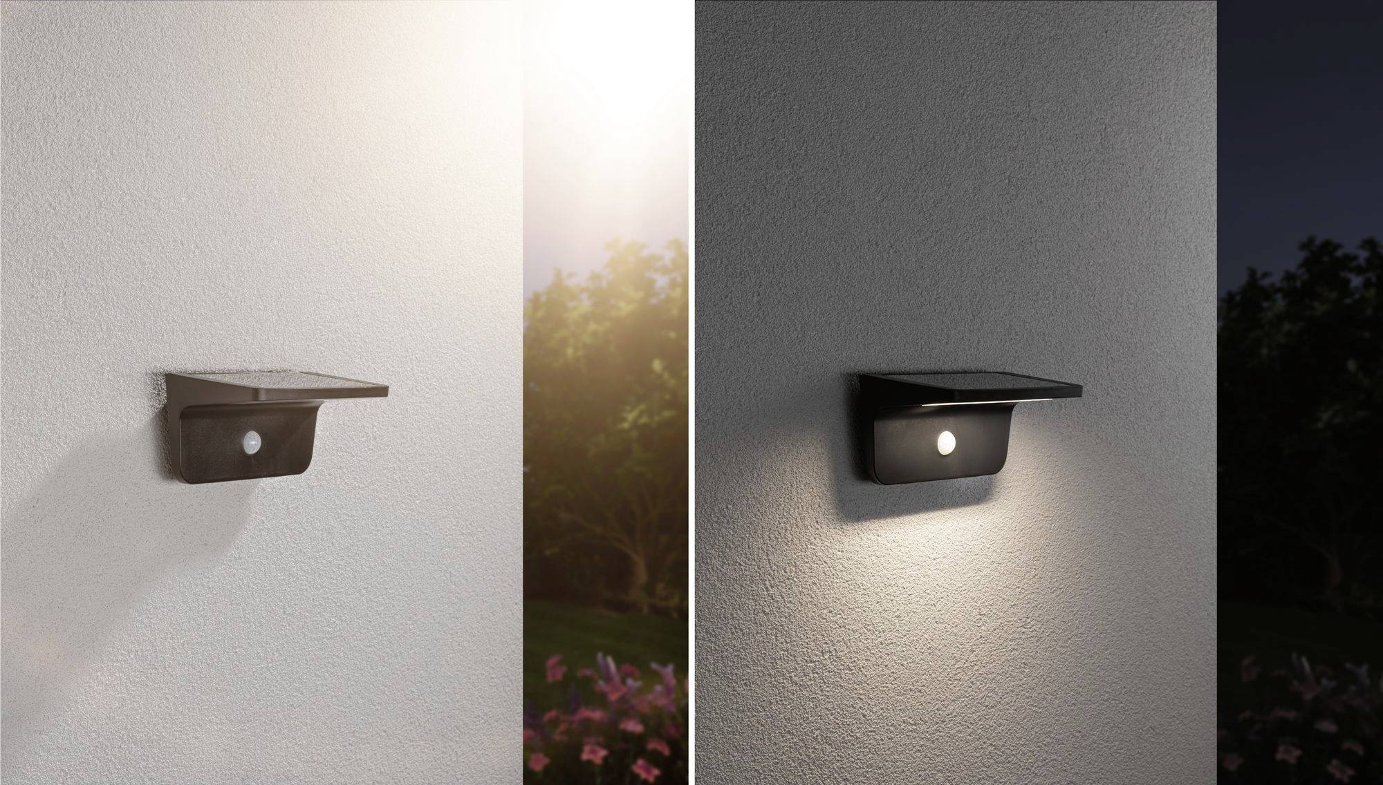 Srovnání designu solární lampy na stěně; vlevo vypnuto za denního světla, vpravo svítící ve tmě.