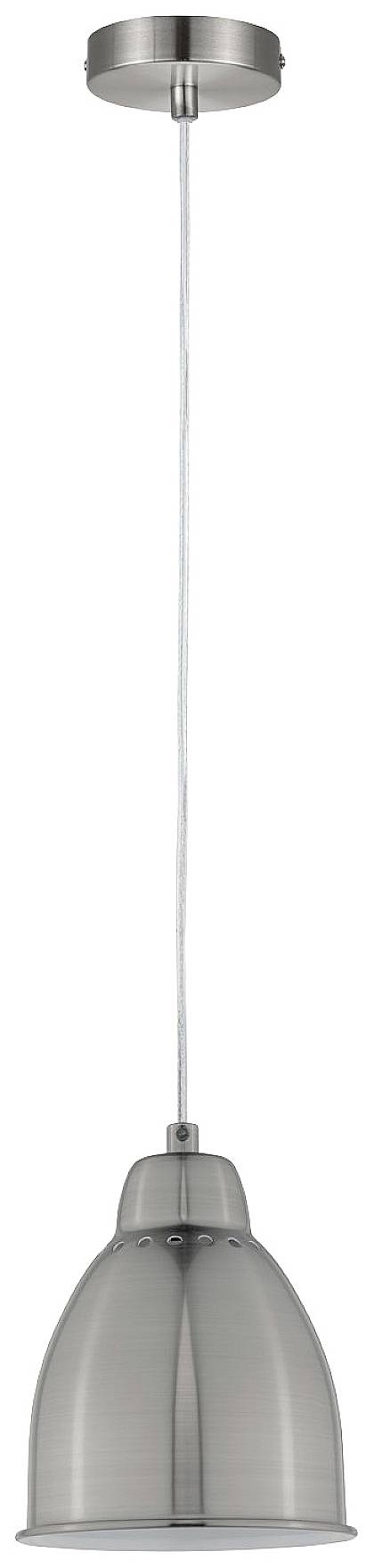 Kovová závěsná lampa s průhledným, klenutým stínidlem, připevněná na bílém kabelu. Minimalistický design pro moderní interiéry.