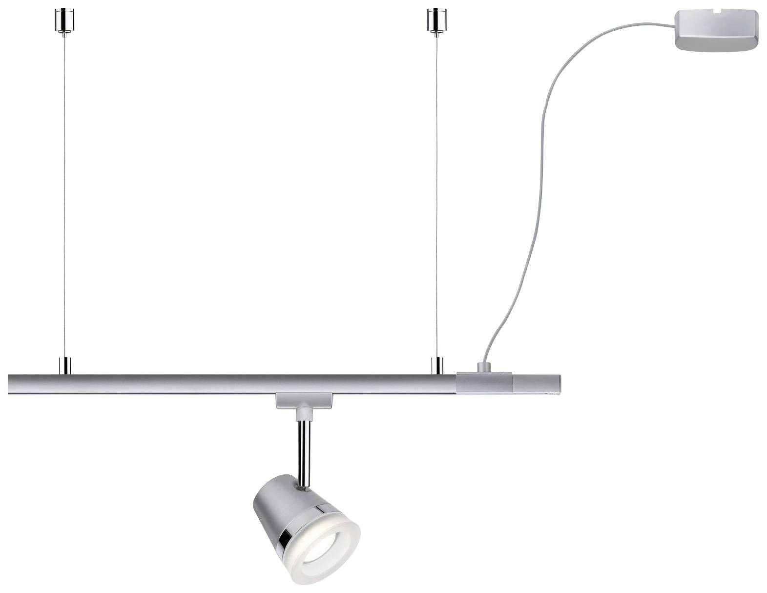 Závěsná lampa s moderním designem, kovově stříbrná tyč s jedním nastavitelným bodovým světlem zavěšeným na kabelu.
