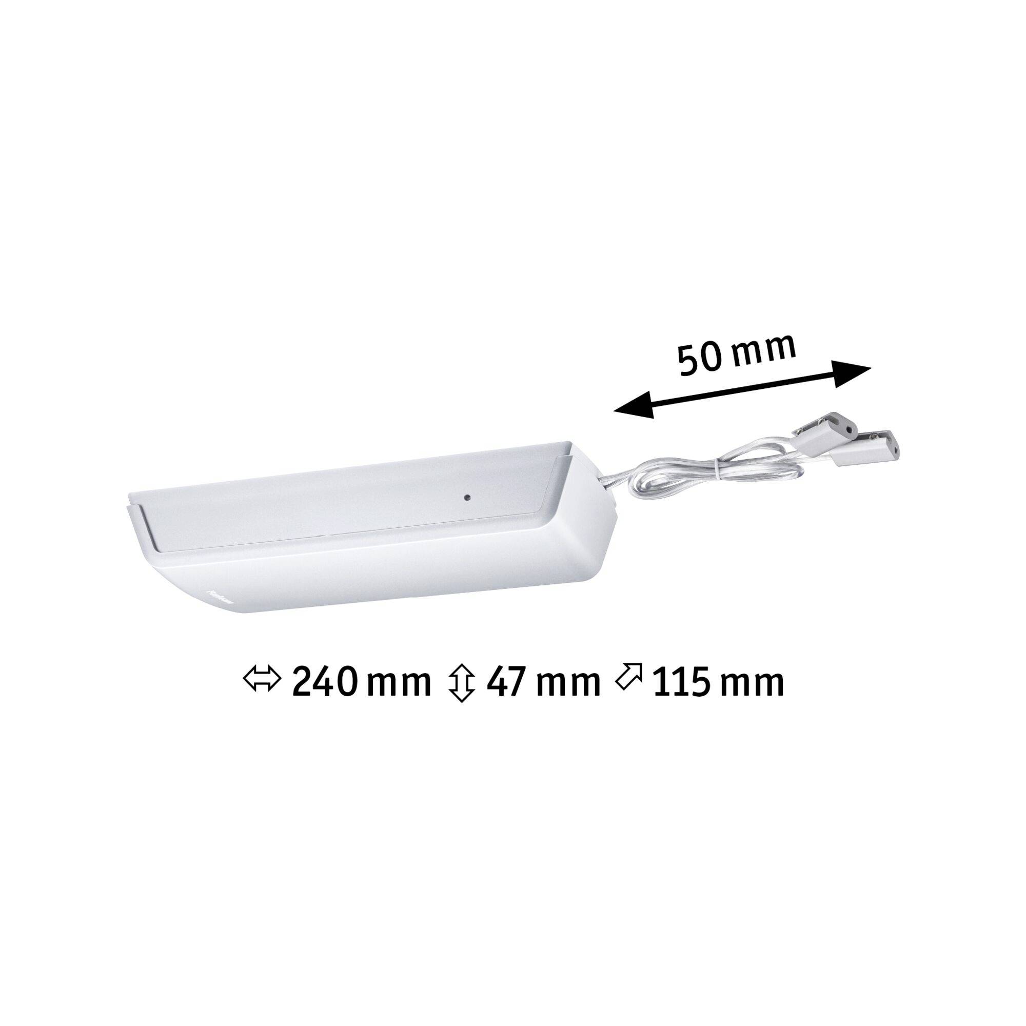 Bílý reflektor s rozměry: šířka 240 mm, výška 47 mm, hloubka 115 mm; kabel o délce 50 mm.