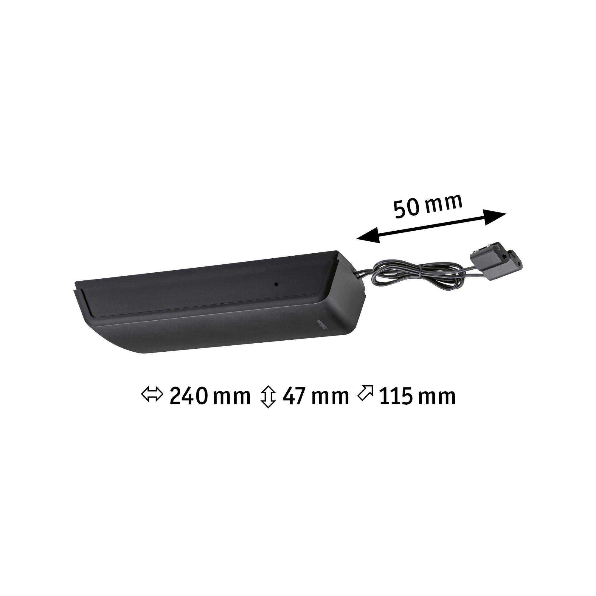Černý kryt s kabelem, délka 240 mm, výška 47 mm, hloubka 115 mm; kabel 50 mm dlouhý.