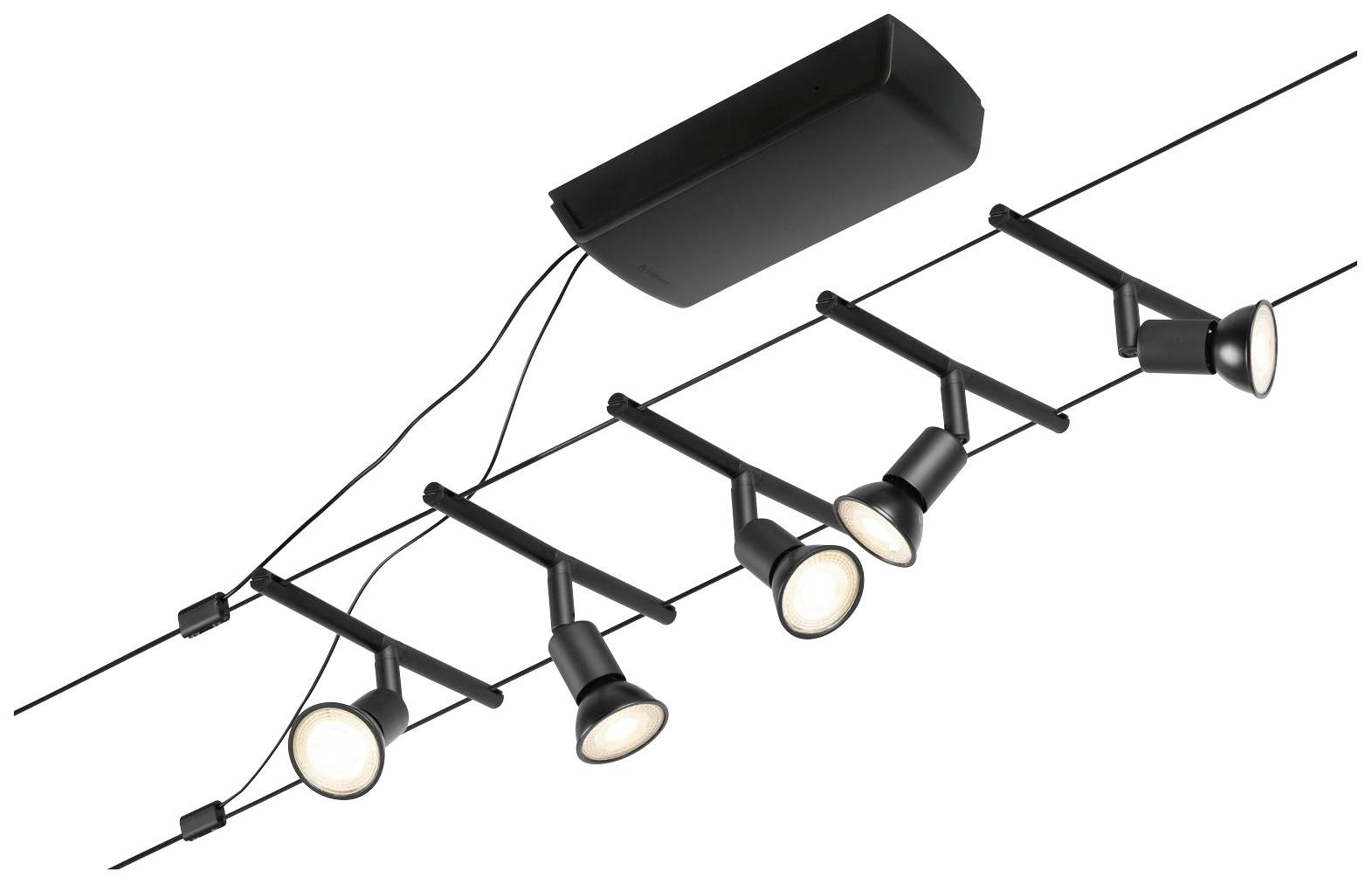 Černé stropní svítidlo v moderním designu s pěti nastavitelnými reflektory umístěnými na kolejnicovém systému ve dvou různých směrech.