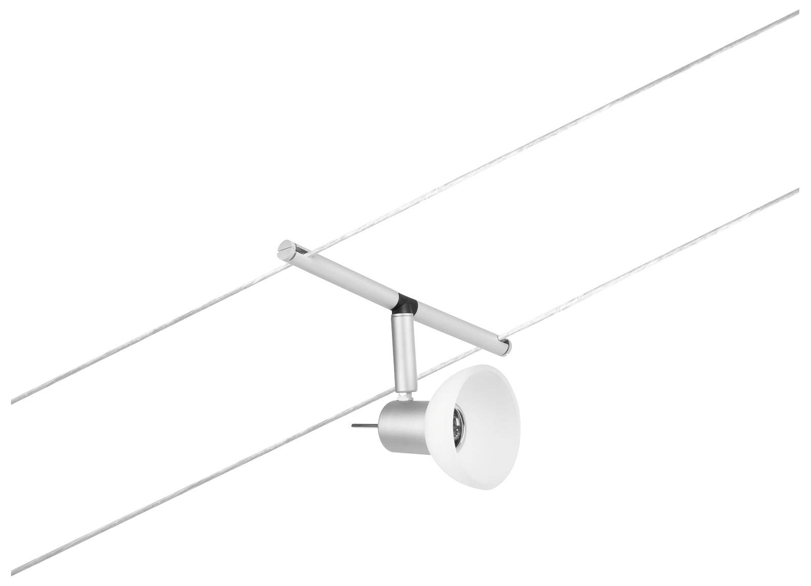 Stříbrná lištová lampa s kulatým bílým stínidlem, upevněná na dvou paralelních lankách.