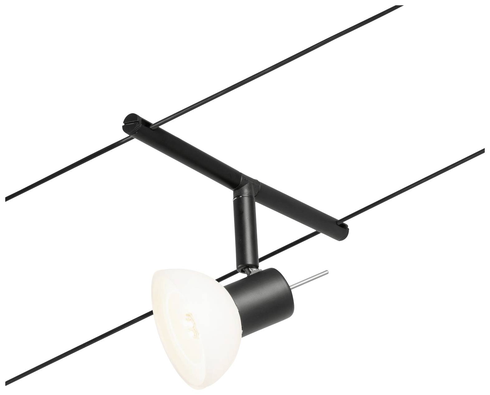 Stropní bodové svítidlo upevněné na kolejnici, černé tělo, bílý stínidlo, rovnoměrně osvětluje prostor.