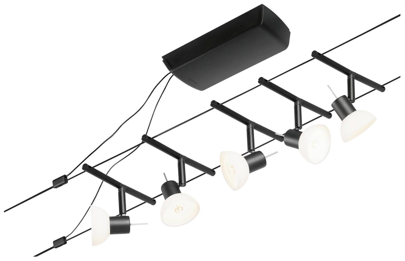 Černé stropní svítidlo s pěti nastavitelnými reflektory na lineárním rámu.