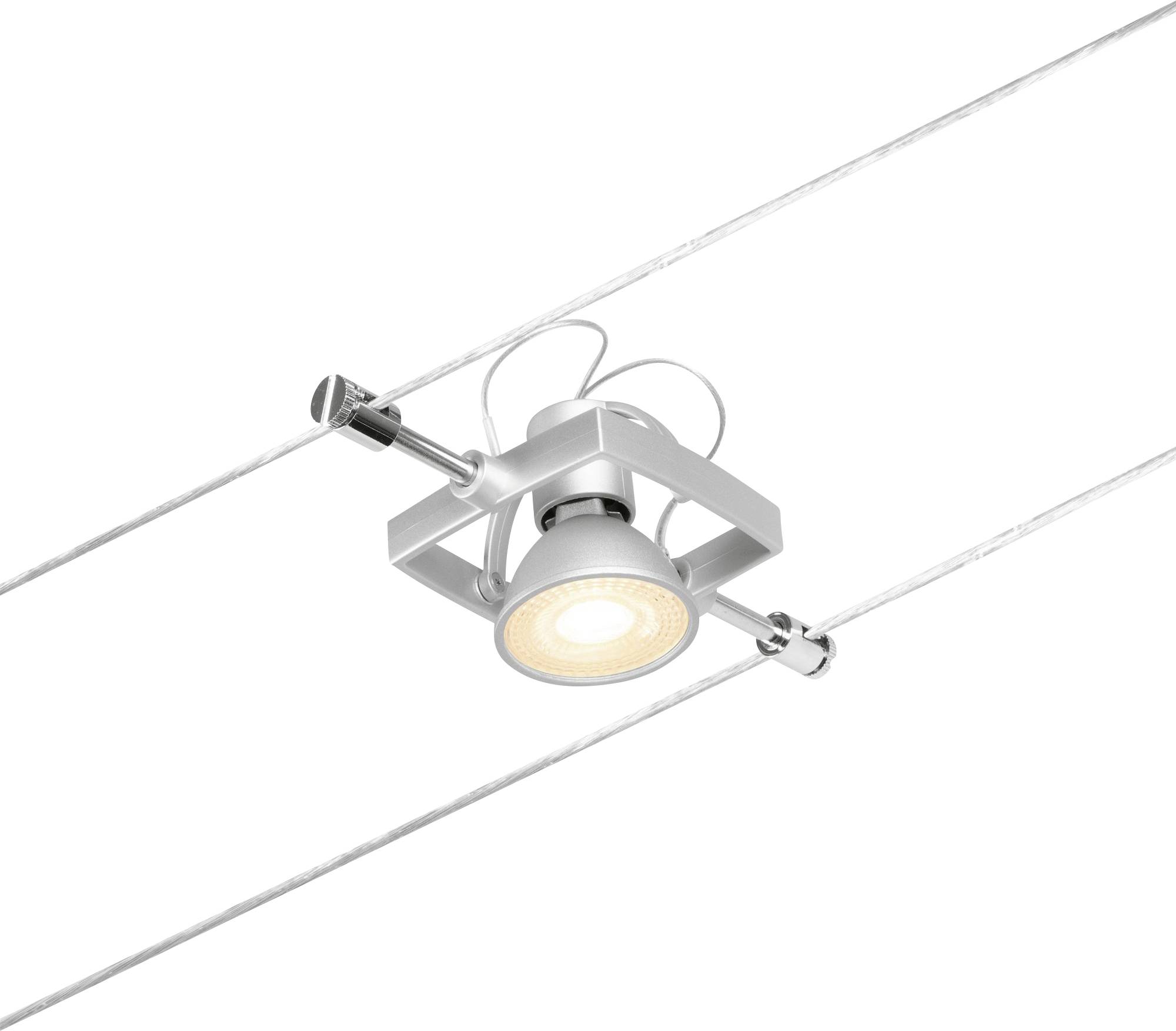 Stříbrné stropní svítidlo zavěšené na dvou elektrovodech, moderní design, osvětlující jasně bílým světlem.