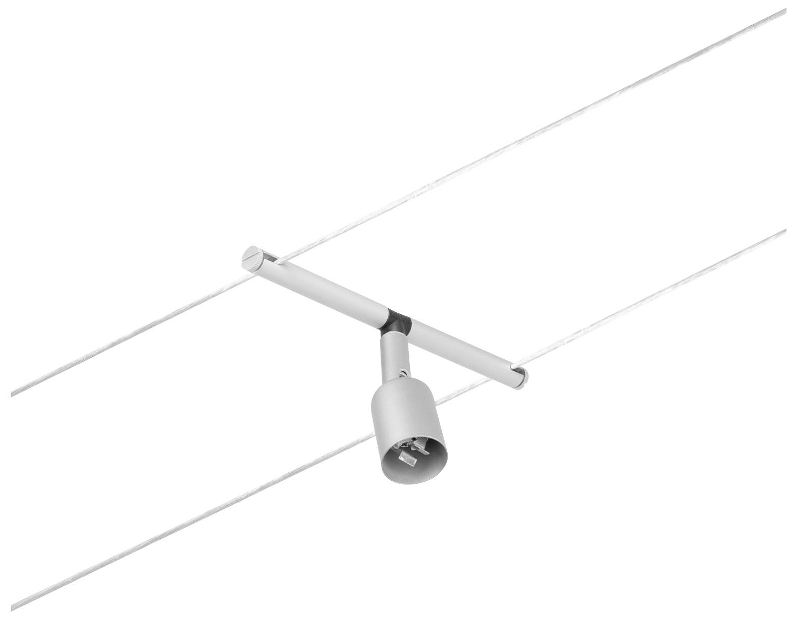 Stříbrné válcovité světelné nebo kamerové pouzdro visí na dvou paralelních kabelech, osvětlené nebo monitorující prostor.