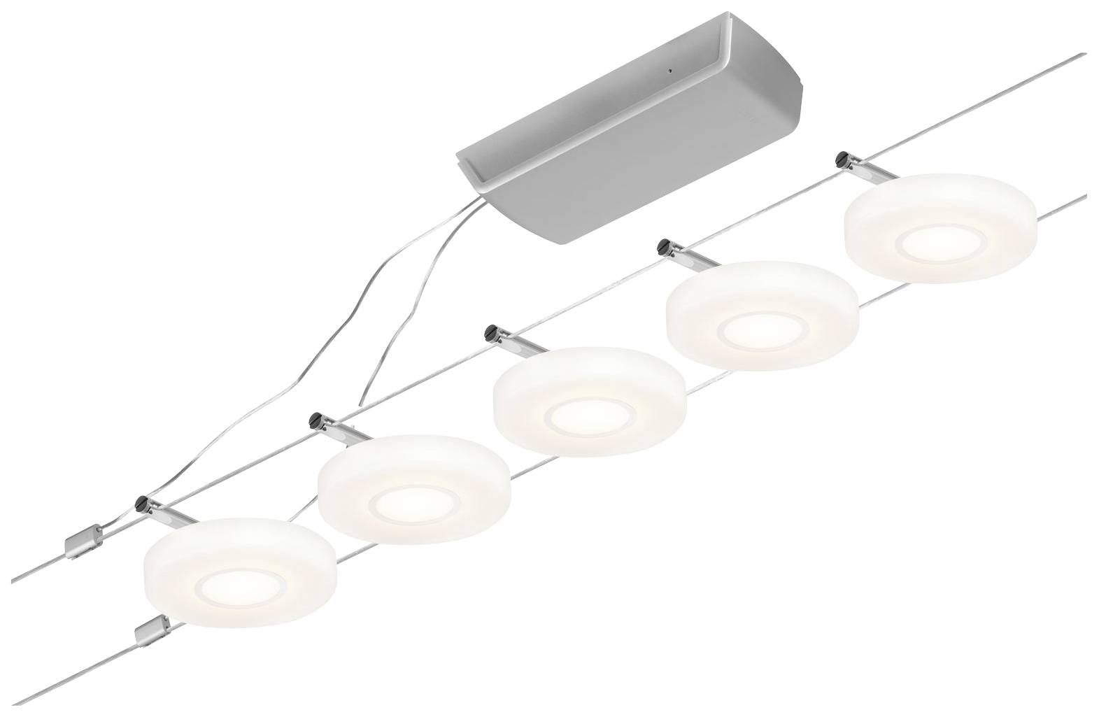 Závěsná lampa s pěti kulatými bílými světelnými kruhy upevněná na kabelech z kovu. Moderní design, vhodný do jídelny nebo kanceláře.