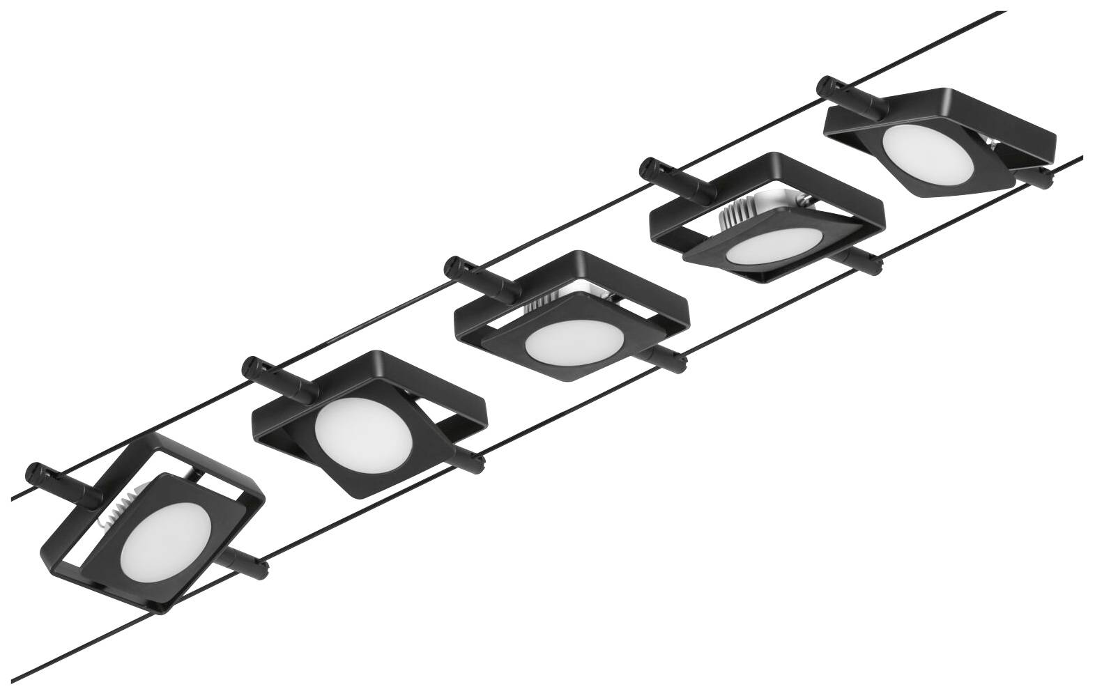 Černé stropní LED svítidlo s pěti nastavitelnými světelnými moduly v moderním, minimalistickém designu, namontované na přímé liště.