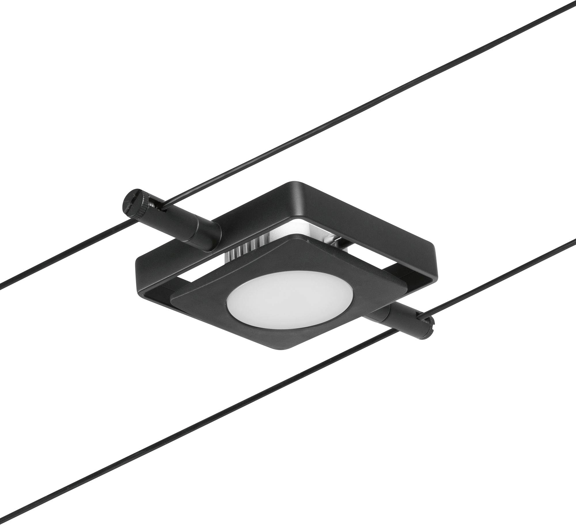 Obdélníková moderní závěsná lampa s kulatým LED světlem, zavěšená mezi dvěma tenkými černými kabely.