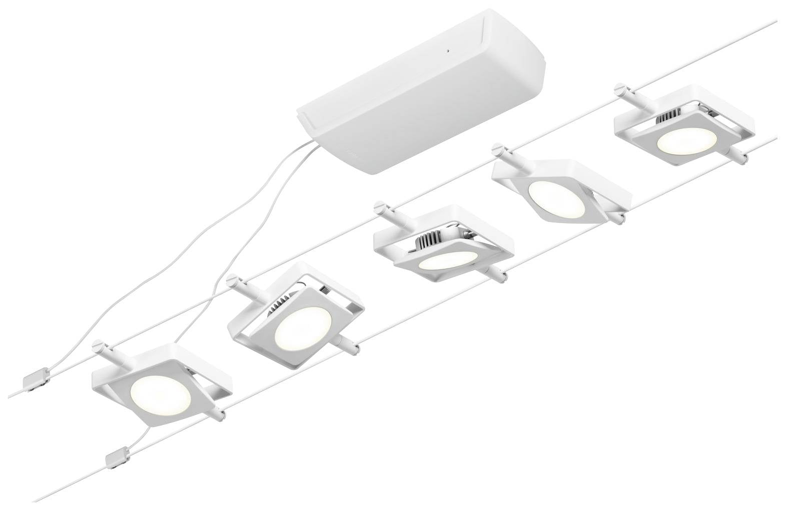 Moderní bílý stropní LED reflektor se čtyřmi čtvercovými světly upevněnými na lankové soustavě.