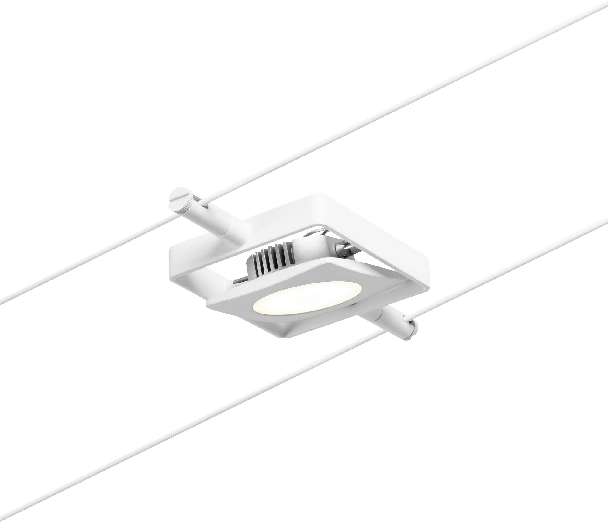 Bílé stropní svítidlo v moderním designu, obdélníkového tvaru se dvěma úchyty, osvětlující prostor směrem dolů, upevněné na kovovém vedení.