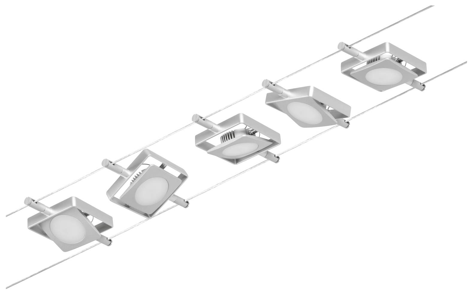 Pět obdélníkových LED svítidel umístěných na liště, rovnoměrně rozmístěných, s moderním a minimalistickým designem.