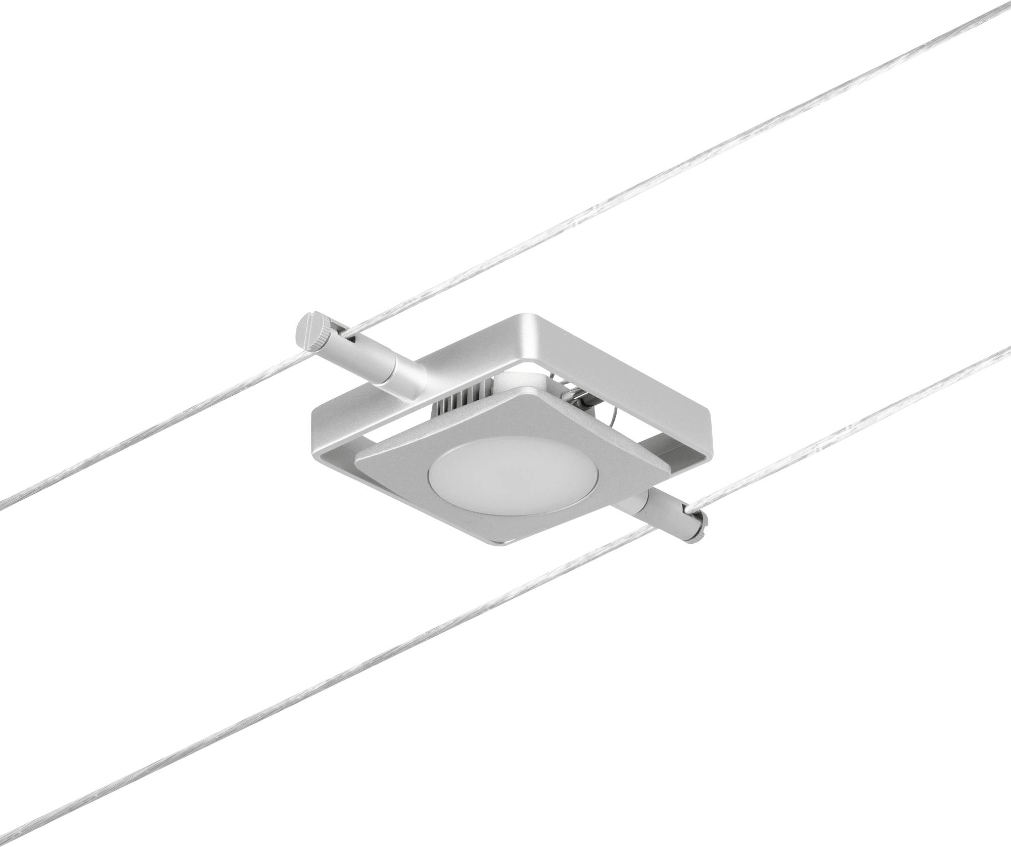 Moderní čtvercové stropní svítidlo zavěšené na dvou kabelech, vhodné pro elegantní a minimalistické osvětlení prostoru.