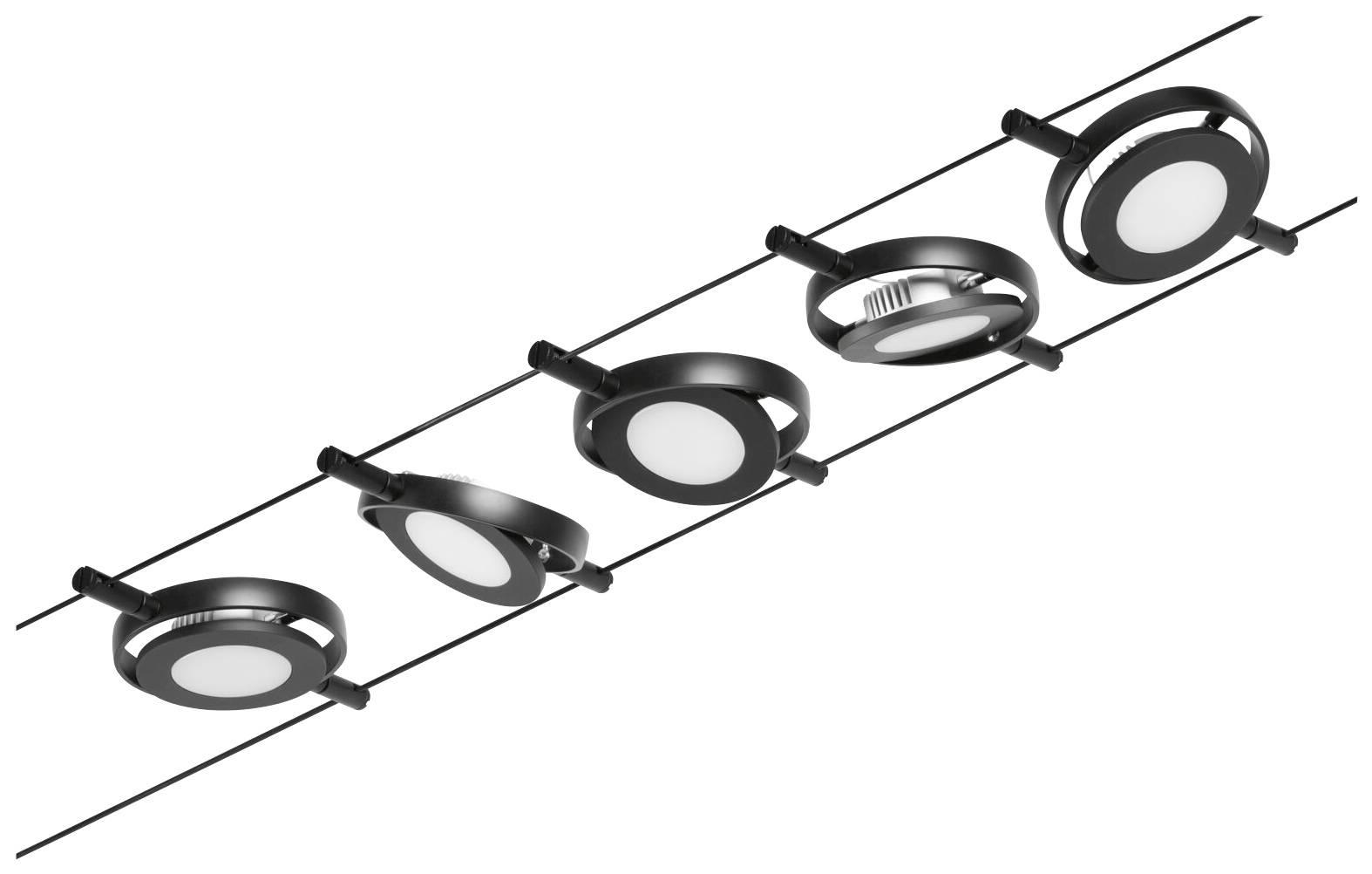 Pět černých, kulatých stropních svítidel umístěných na kolejnicovém systému, vodorovně vyrovnaných. Moderní design, rovnoměrně rozmístěných.