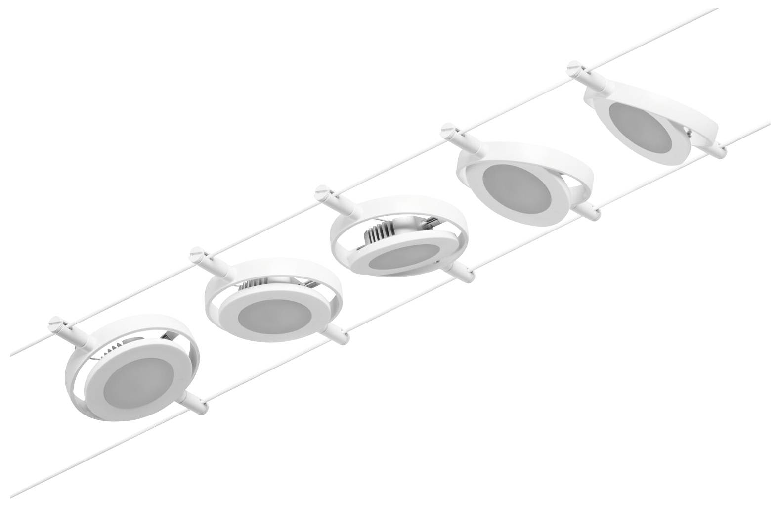 Kulaté, nastavitelné stropní svítidlo uspořádané v řadě, světlý moderní design.