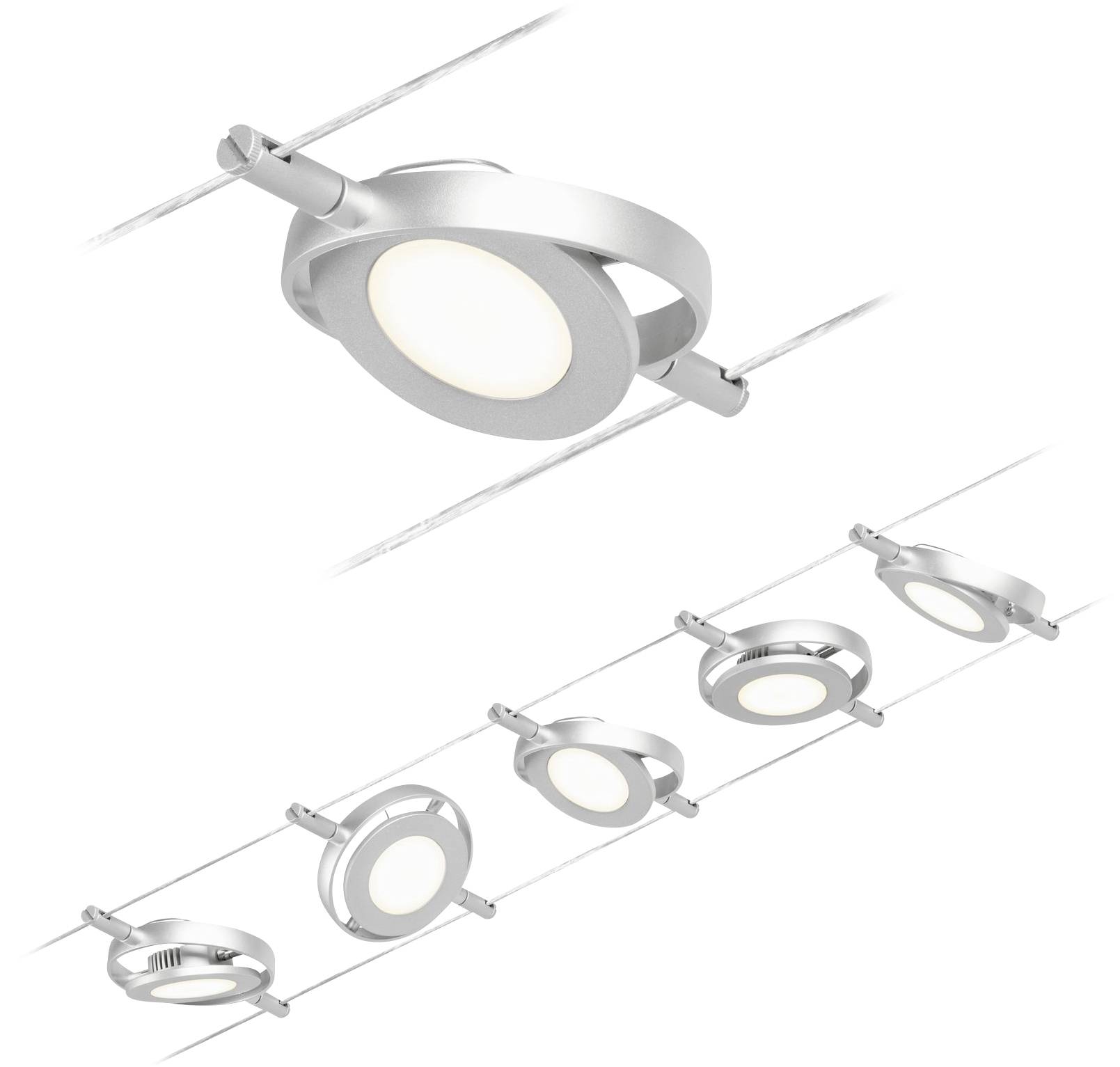 Moderní LED stropní svítidlo v řadě pěti kusů, stříbrná struktura, kulatý design, jasně svítící a namontované na kabelových kolejnicích.
