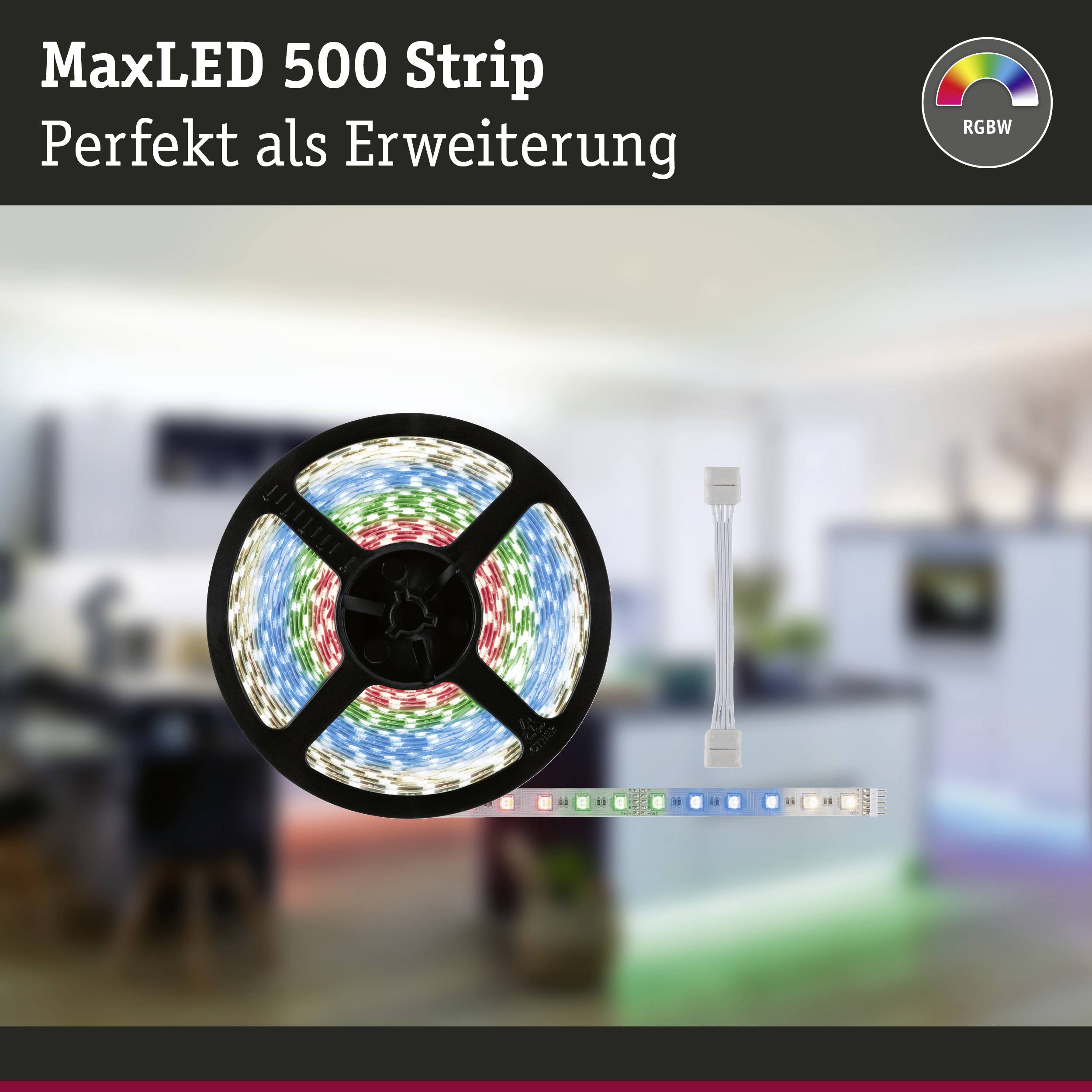 'MaxLED 500 Pásek' s barevným LED páskem, propagovaný jako ideální rozšíření. Pozadí zobrazuje rozmazanou moderní obytnou kuchyni.