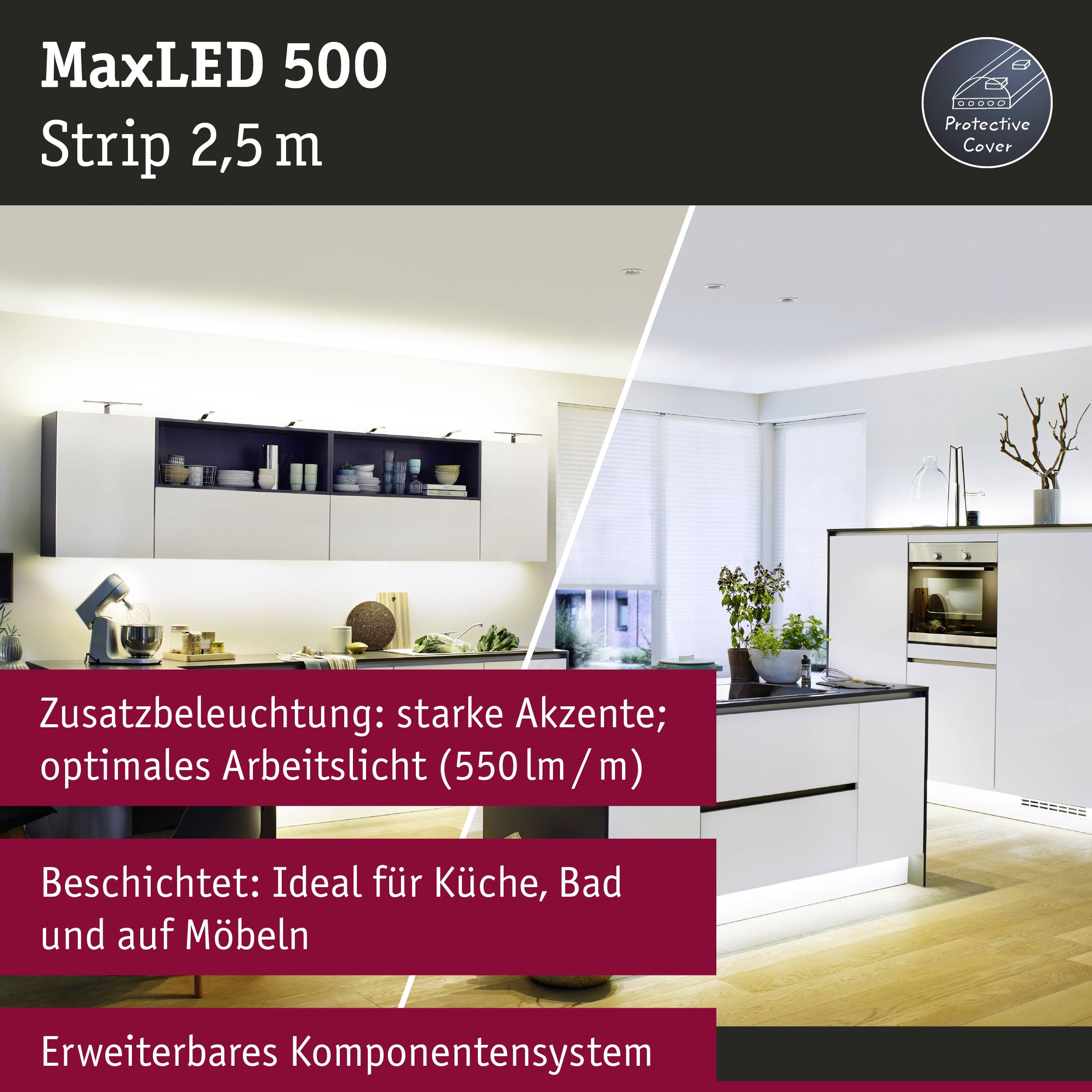 LED pásek MaxLED 500 délky 2,5 m pro mimořádně jasné pracovní osvětlení, ideální do kuchyně, koupelny a na nábytek.