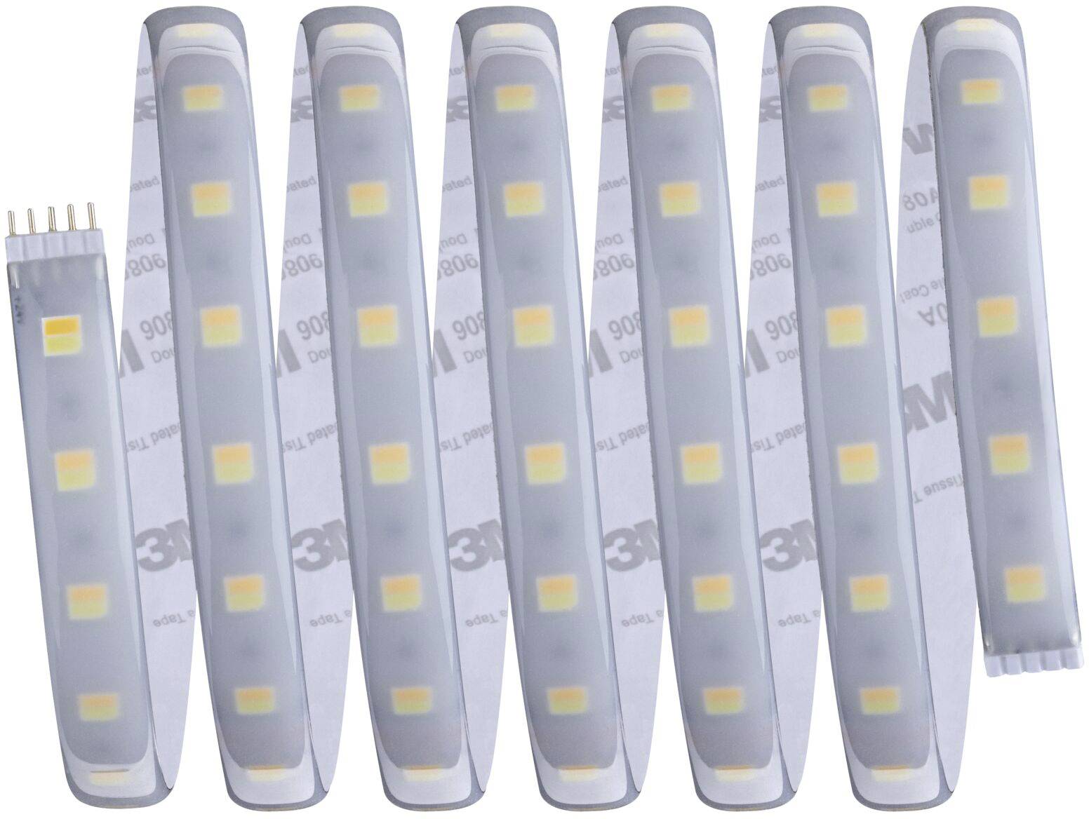 Flexibilní LED světelný pás, uspořádaný do vlnovitého tvaru, se žlutými světelnými diodami a čtyřpolovým konektorem na levém konci.