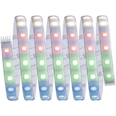 LED pásek ve tvaru oblouku se střídajícími se červenými, zelenými a modrými světly na bílém pozadí.